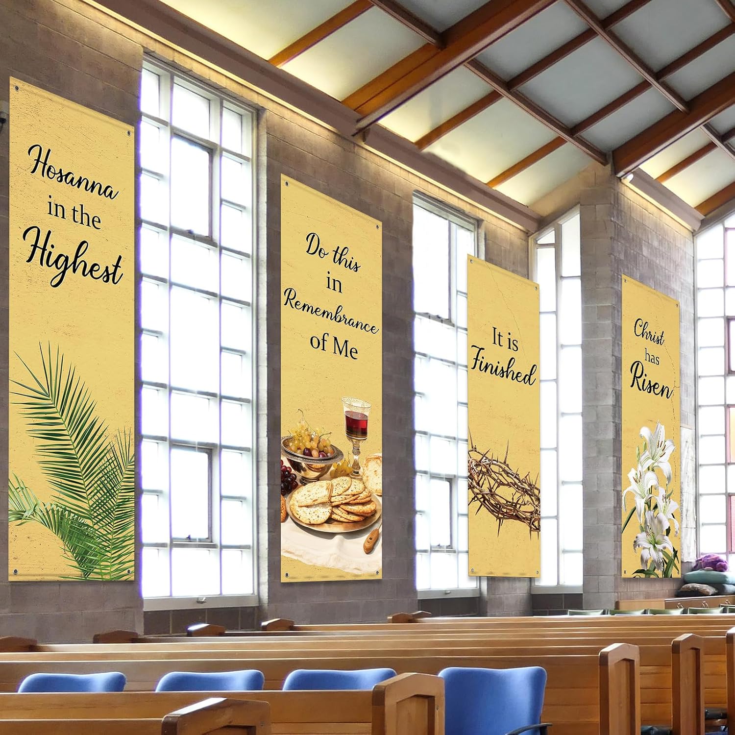 4Pcs Easter Church Banners for Sanctuary Wall Religious Banners Hanging Backdrop Praise Hanging Sign with Scripture Bible Verses Banner Easter Banner for Church School Decor(Retro Warm Yellow)