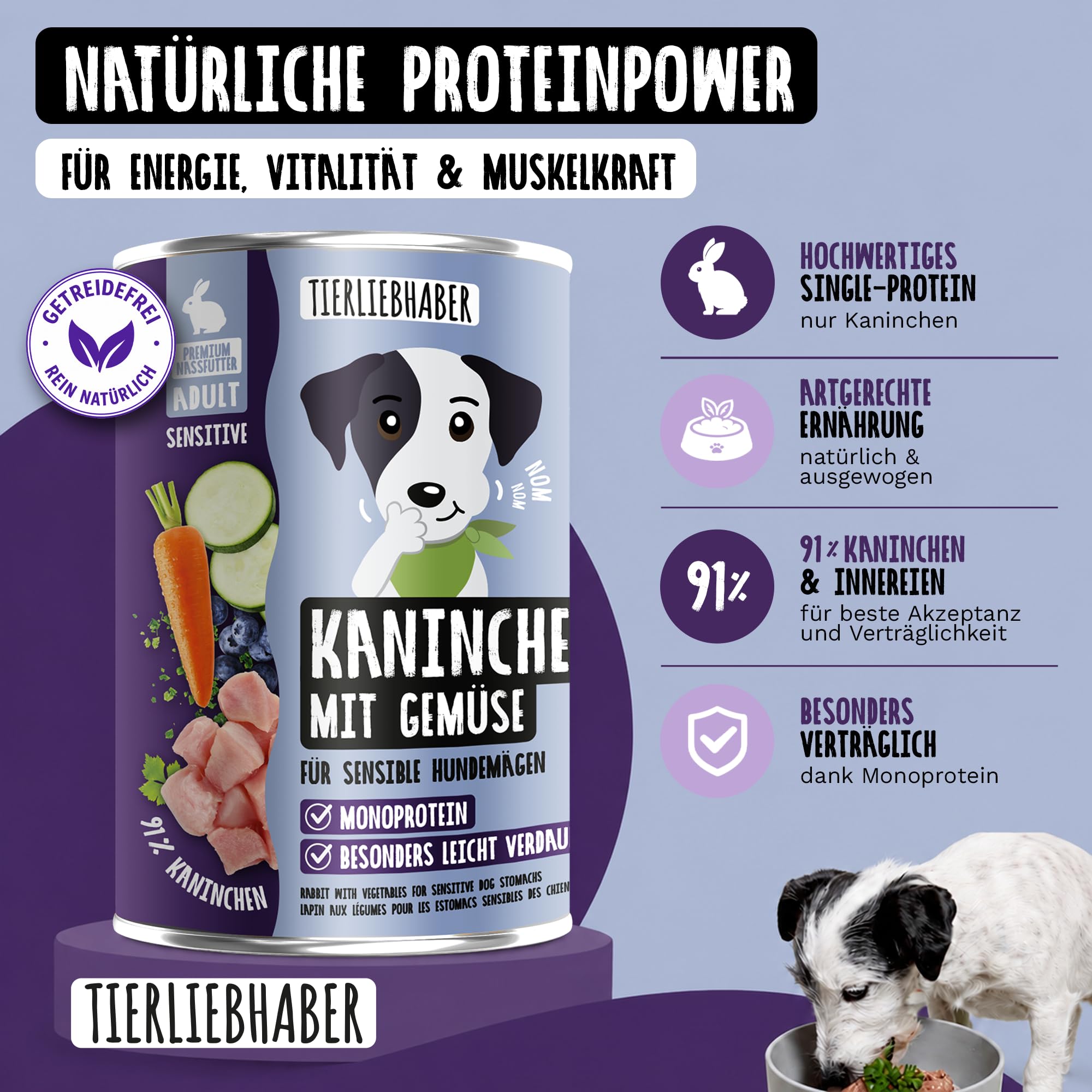 Hundefutter Nass 12x800g Kaninchen & Gemüse – Hunde Nassfutter Wet Dog Food | Tierärztlich entwickeltes Hundenassfutter 800g Dosen mit 91% Fleischanteil – Dog Food leicht verdaulich von TIERLIEBHABER