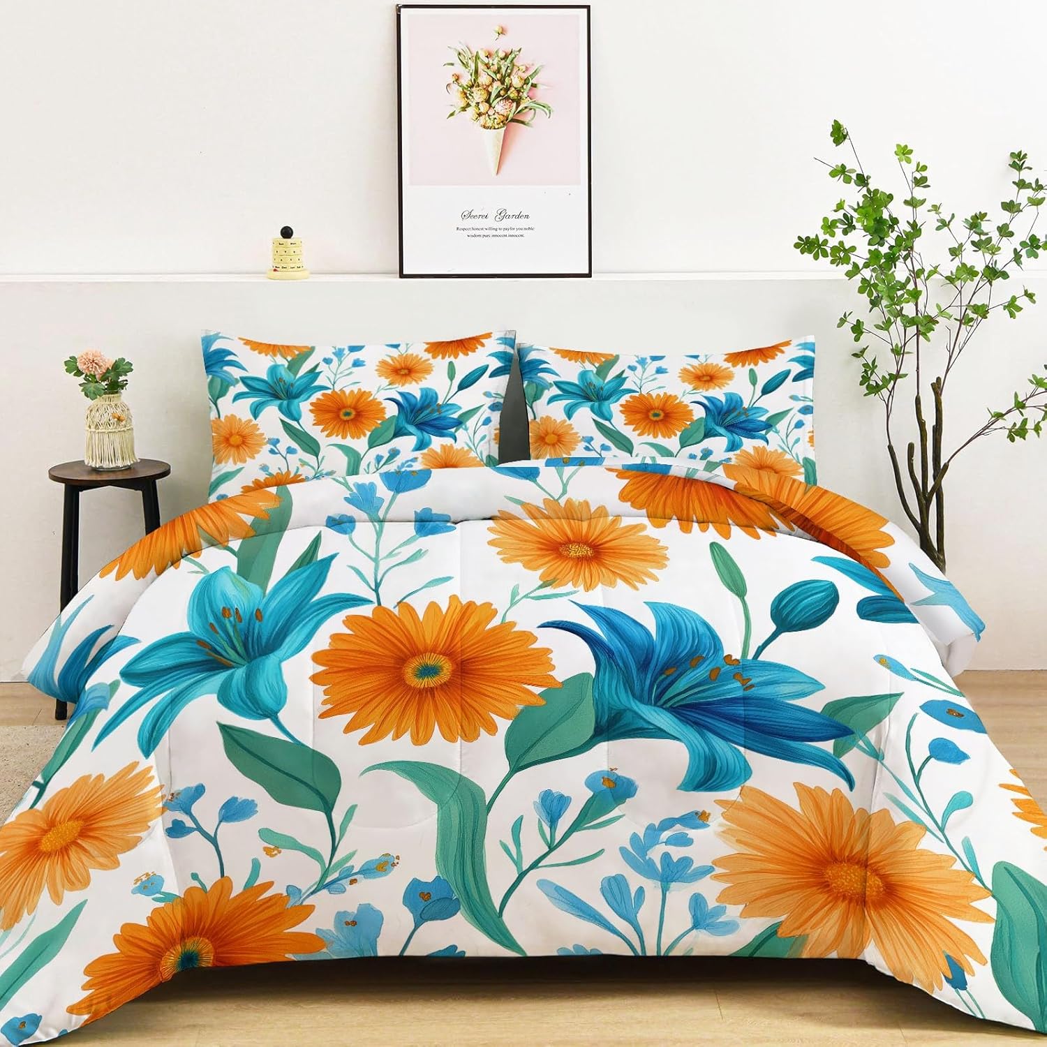 Reversible King Comforter Set Watercolor Plants Flowers Green Leaves for Kids Boys Girls, 3 Pieces Light Weighted Quilted Orange Blue Comforter, All-Season Breathable Bedding Decor (104" x 90")