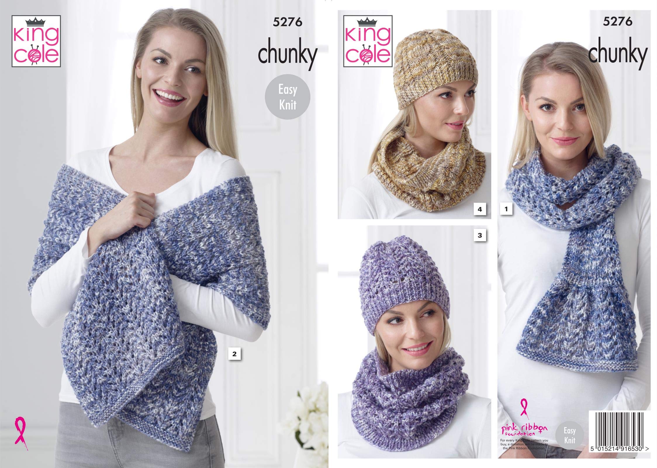 King Cole Ladies Accessories Chunky Knitting Pattern - Scarf Wrap Cowl & Hat (5276)