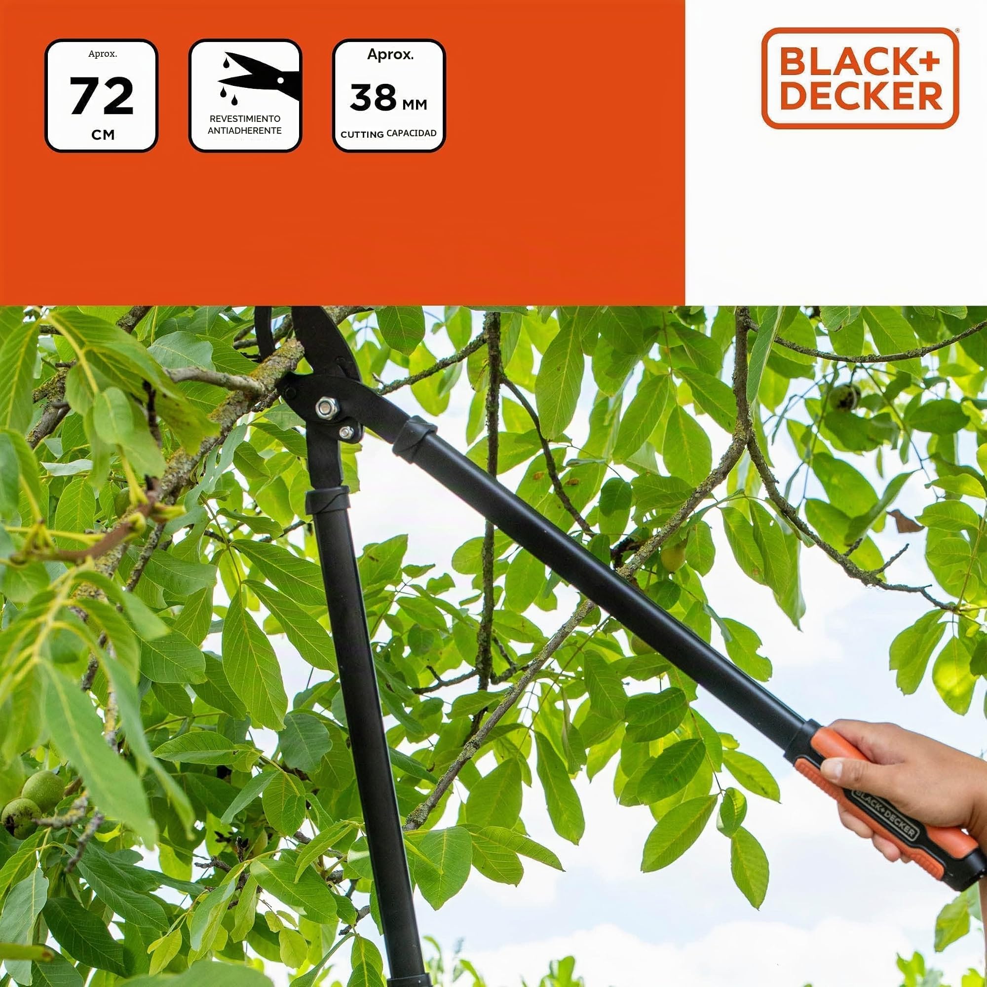 BLACK+DECKER Tijeras de podar – Capacidad de corte 38 mm – 72 cm – Tijeras de podar – con revestimiento antiadherente en las cuchillas – negro/