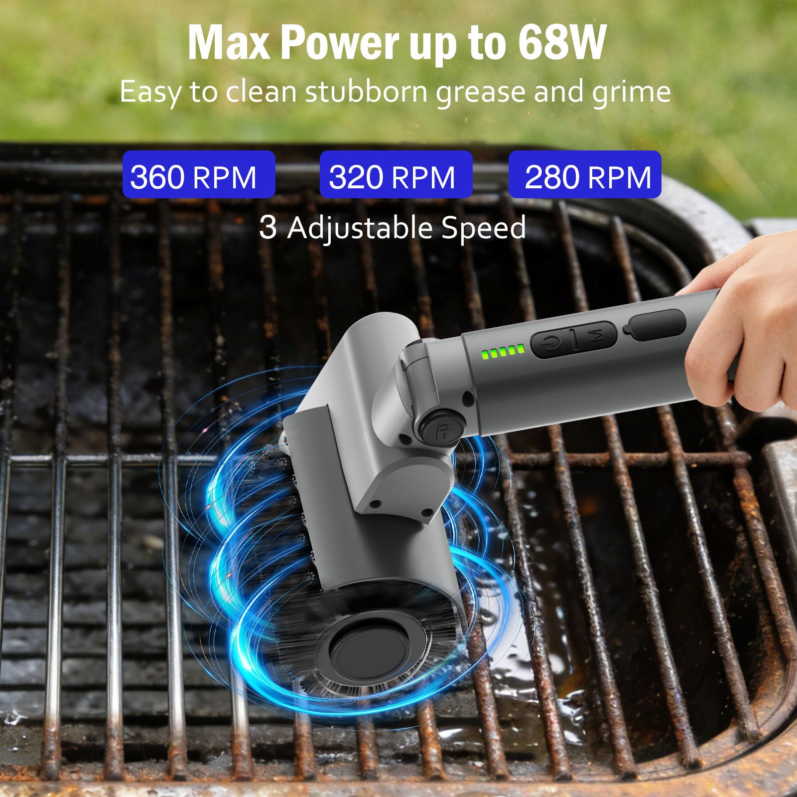 Spazzola Barbecue Elettrica, Spazzola Elettrica per Barbecue con Angolo Regolabile, 3 Velocità, 90 Minuti di Durata, Testina in Acciaio Inossidabile, Impermeabile Pulitore BBQ Senza Fili per Griglia