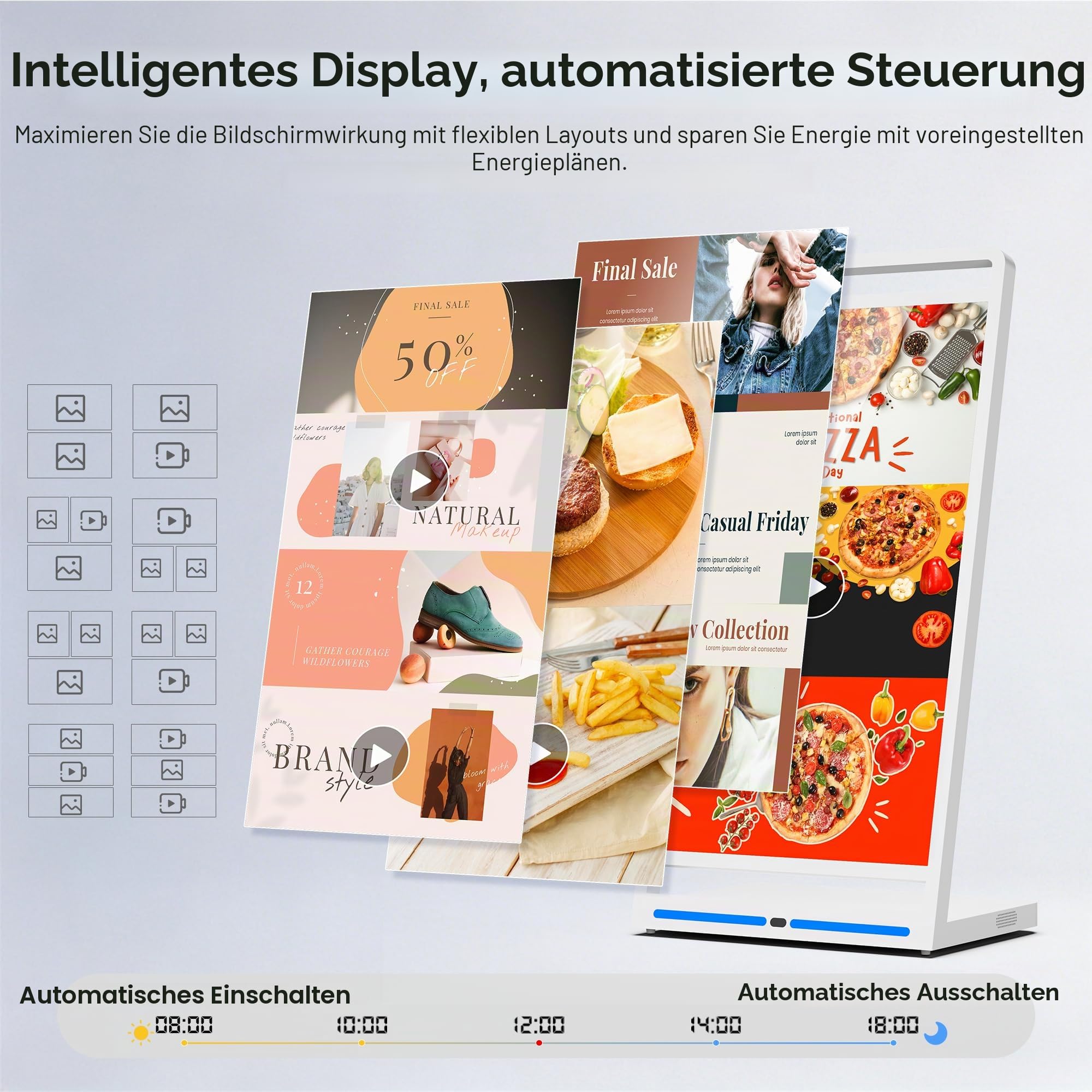 43 Zoll Digitaler Kundenstopper, Faltbarer Full HD LCD Werbeaufsteller mit Android 14, Fahrbares Werbedisplay mit Rollen, Kostenloses CMS, Mobiler Digital Signage Kiosk, USB/WiFi/HDMI