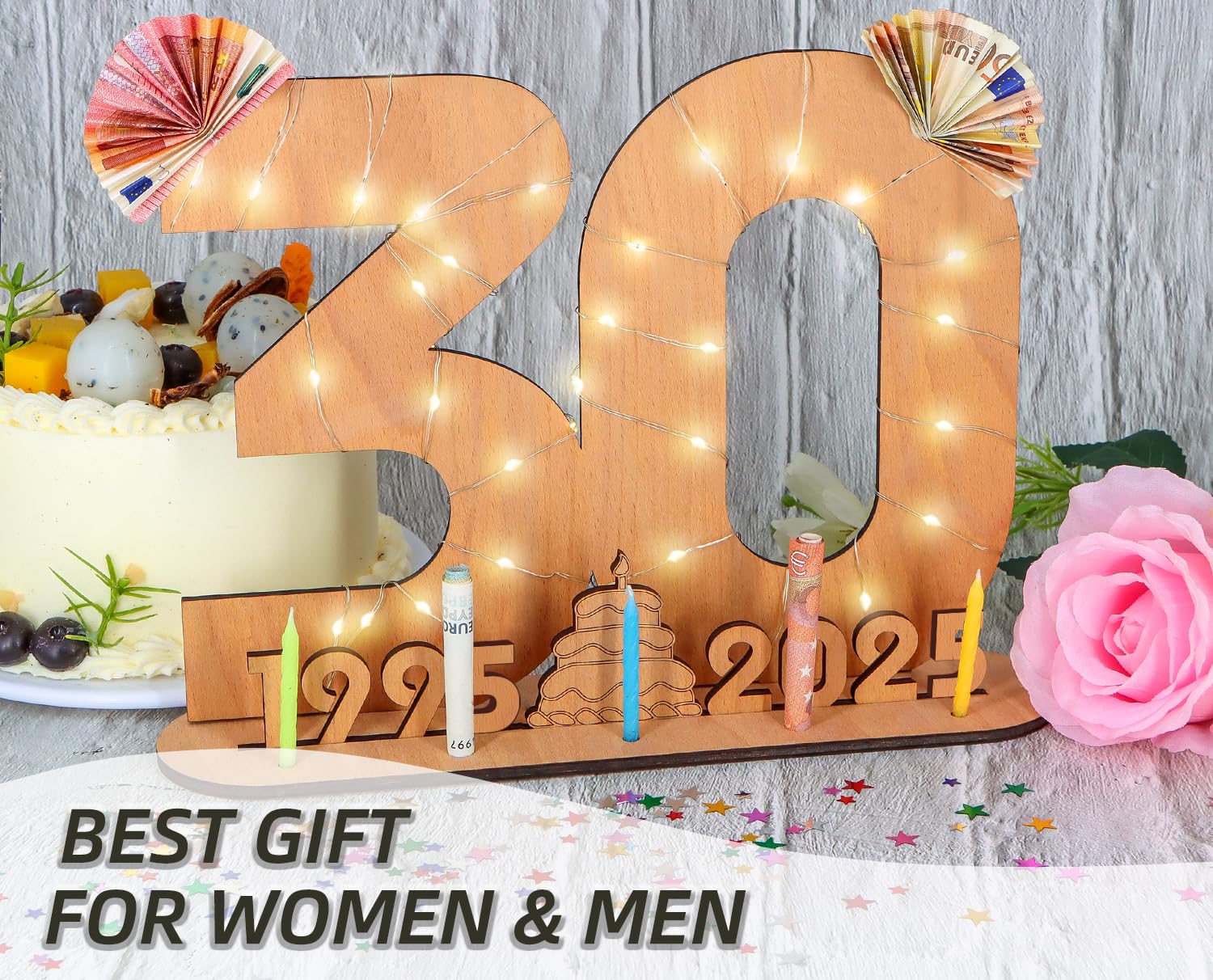 Giftota 2025 Originale Libro Degli Ospiti in Legno per Uomo e Donna - 30 Anni Regali Creativi in Denaro - Regalo di Compleanno in Legno per il 30° Anniversario con Luci LED - DIY Decorazioni in Legno