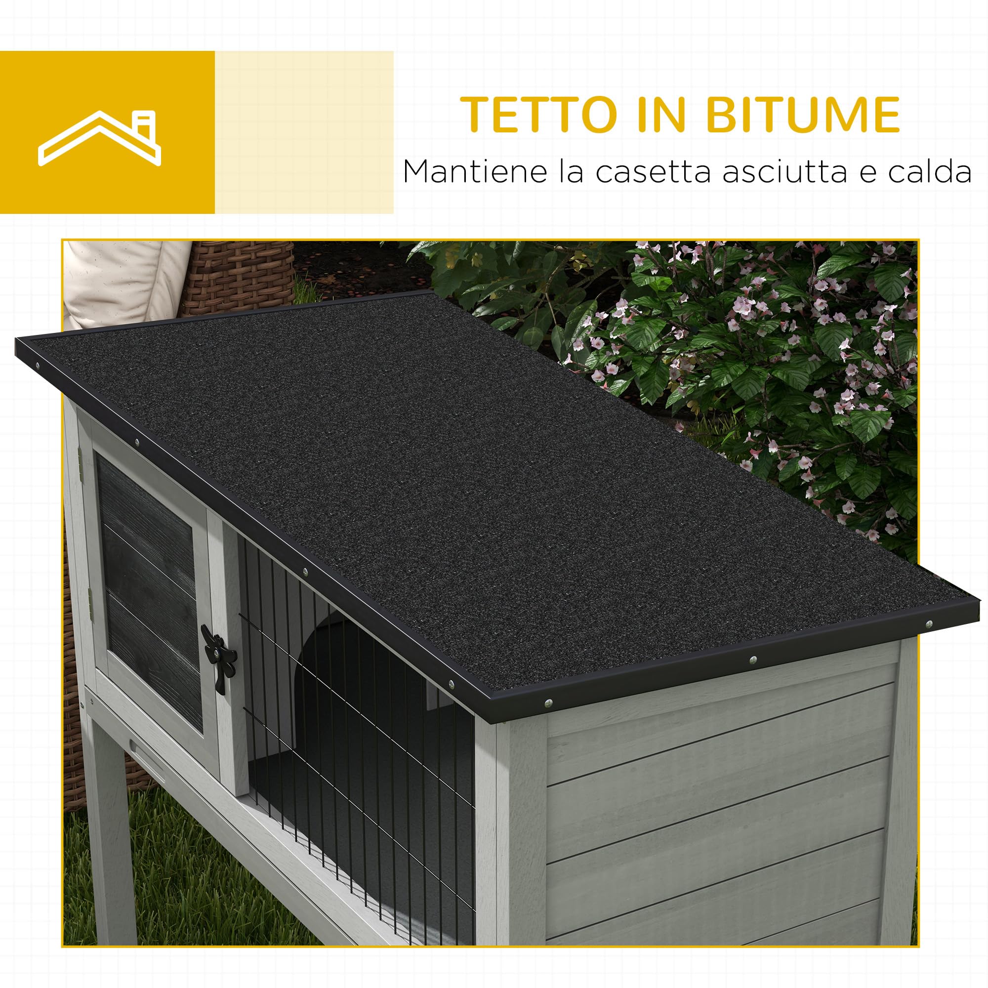 PawHut Conigliera Rialzata in Legno da Esterni con Tetto Apribile, Gabbia per Conigli con Vassoio Estraibile, 84x43x70cm