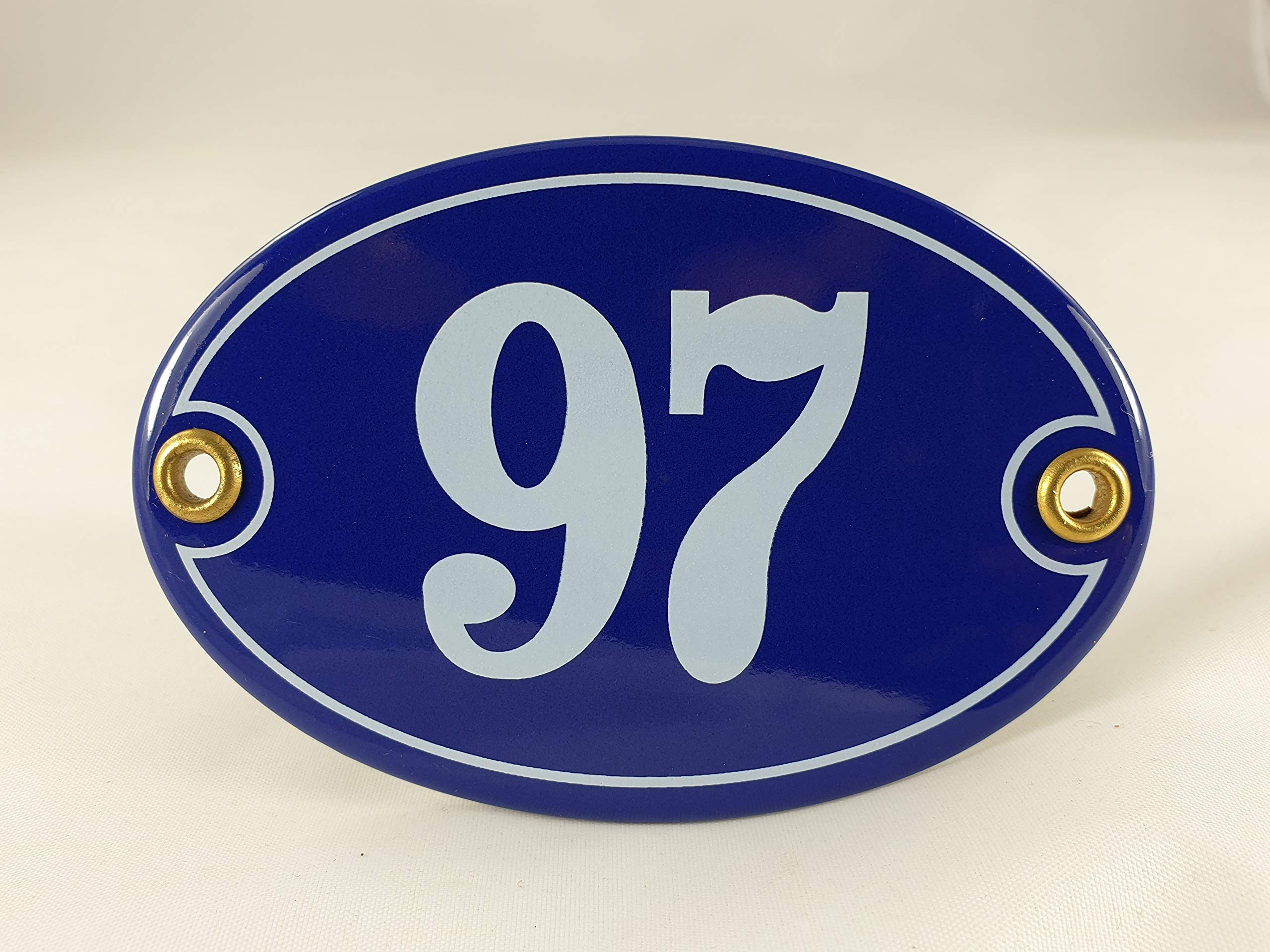 House Number 97 Oval Blue White Enamel with Screws and Dowels