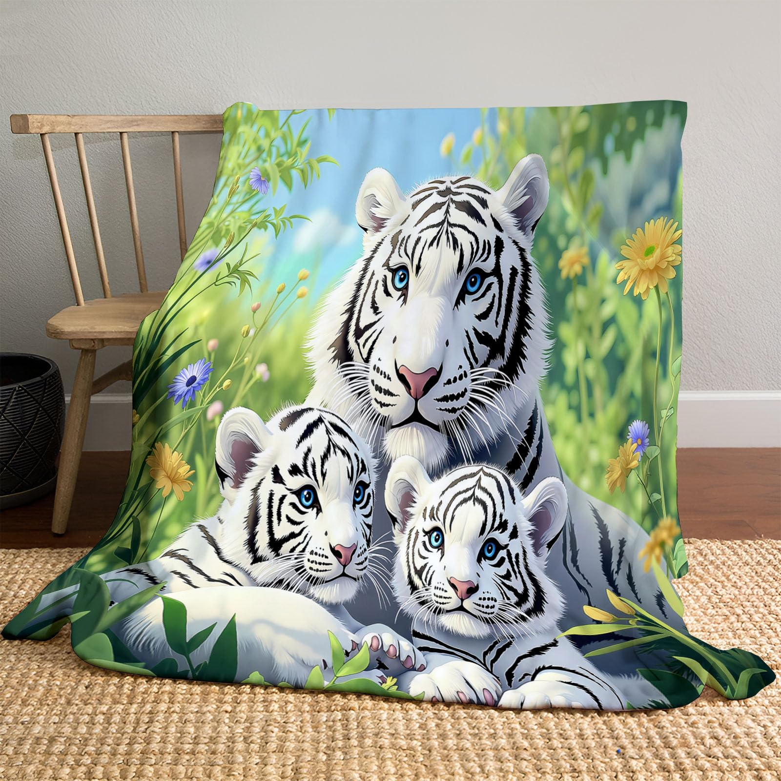 Manta En Blanco Negro - Manta con Estampado Tigre Plantas Verdes Acogedora, Mantas Naturaleza Vida Silvestre Franela Ligera Suave, para niñas niños Adultos la cama el sofá y los viajes 220x240 cm