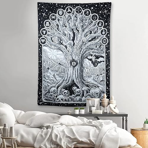 Miniatura 2 de ZYLLGLOW Tapiz del zodiaco con diseño de árbol de la vida en blanco y negro para dormitorio, estético, malvado de ojo, serpiente, sol y luna,