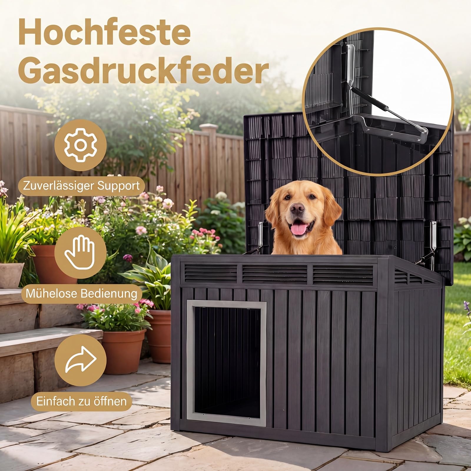 GYMAX Hundehütte Outdoor, Hundehaus für mittelgroße Hunde, Isoliert & Wetterfest, Kleintierhaus mit aufklappbarem Schrägdach, Lüftungsöffnungen & Drainagelöchern, 81 x 64 x 61 cm, Schwarz