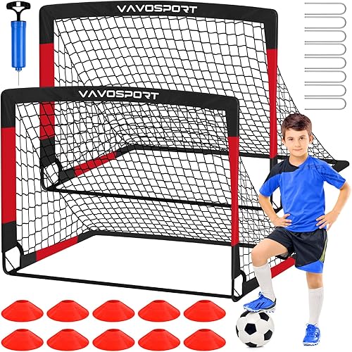 Juego de porterías de fútbol para niños para patio trasero, 2 redes portátiles de 4 x 3 6 x 4 pies, mini equipo de entrenamiento de fútbol para