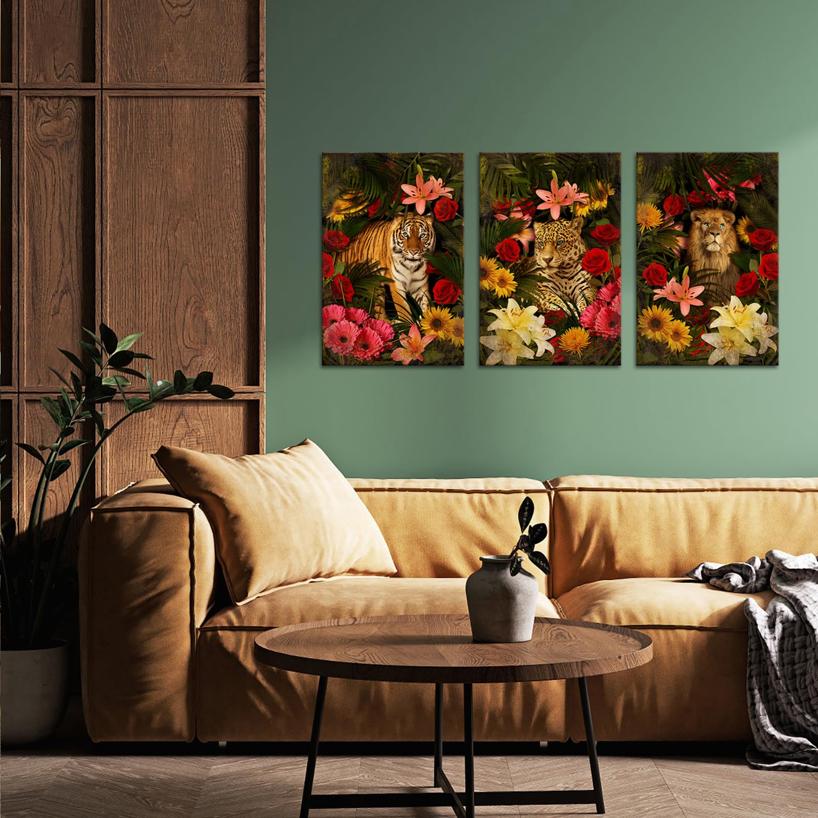 Conipit Leinwand-Wandbild Dschungeltier Safari – 3-teilig, Je 30,5x40,6 Cm, Löwe, Tiger & Leopard Mit Blumen