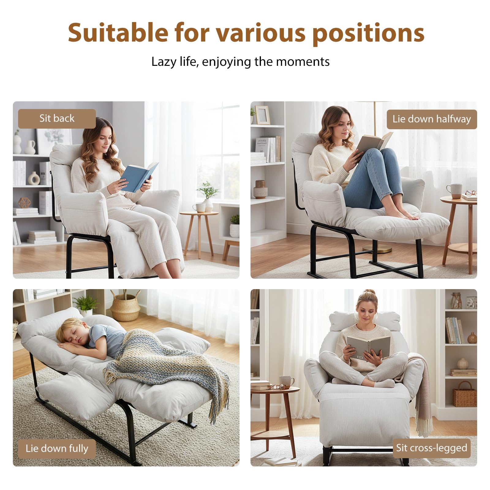 Poltrona Relax, Ergonomica Reclinabile 90°-180°, Poltrona Reclinabile con Schienale e Poggiapiedi Regolabile, Poltrone per Soggiorno/Ufficio, con Tasconi Laterali, Bianco