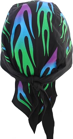 Hiphopville Blue Purple Green Flame Skull Cap Hat Bandana with Tie