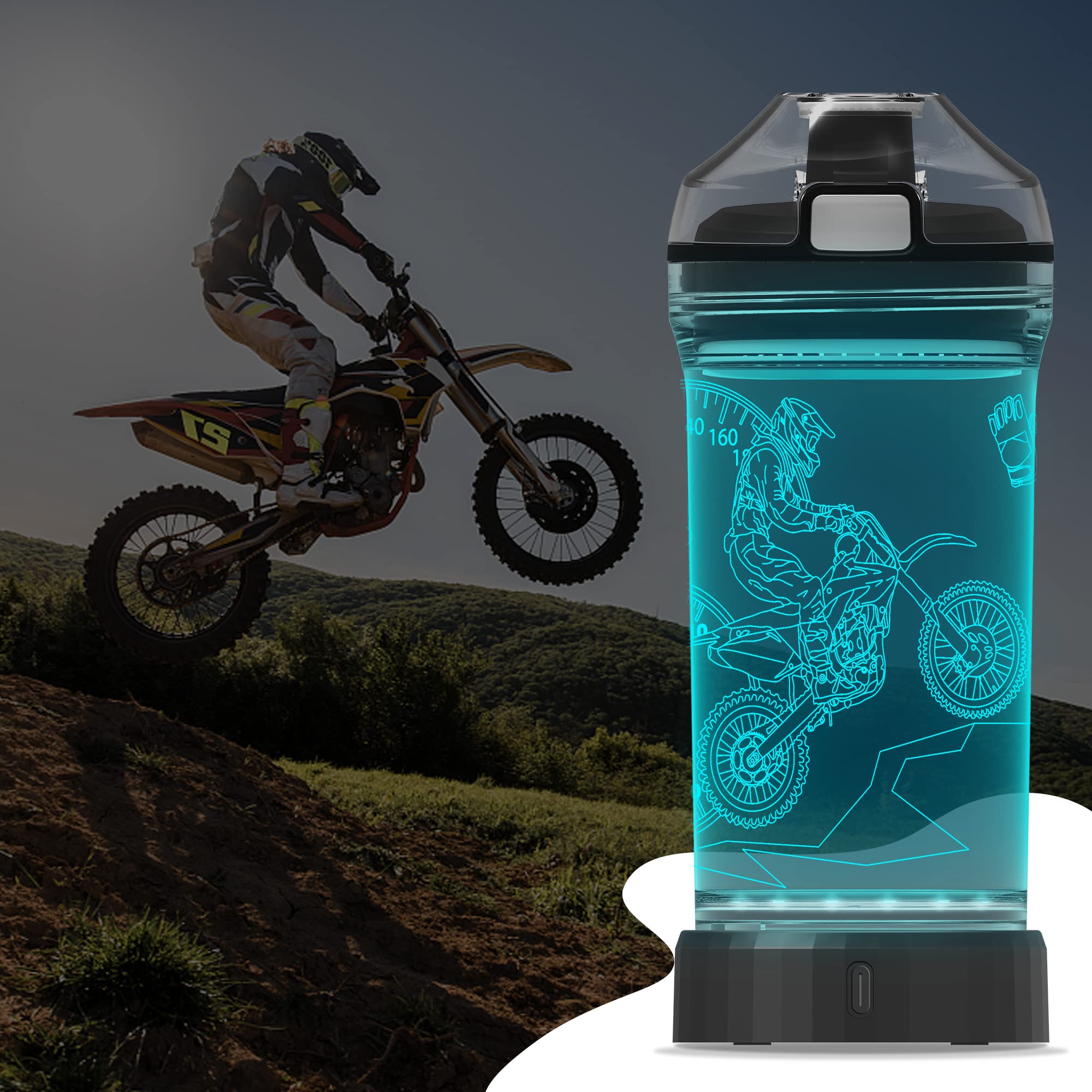 YuanDian Borraccia per moto da cross con luce LED 3D incandescente per bambini, in Tritan senza BPA, ecologica, idea regalo per la scuola, bambini, ragazzi, motocross