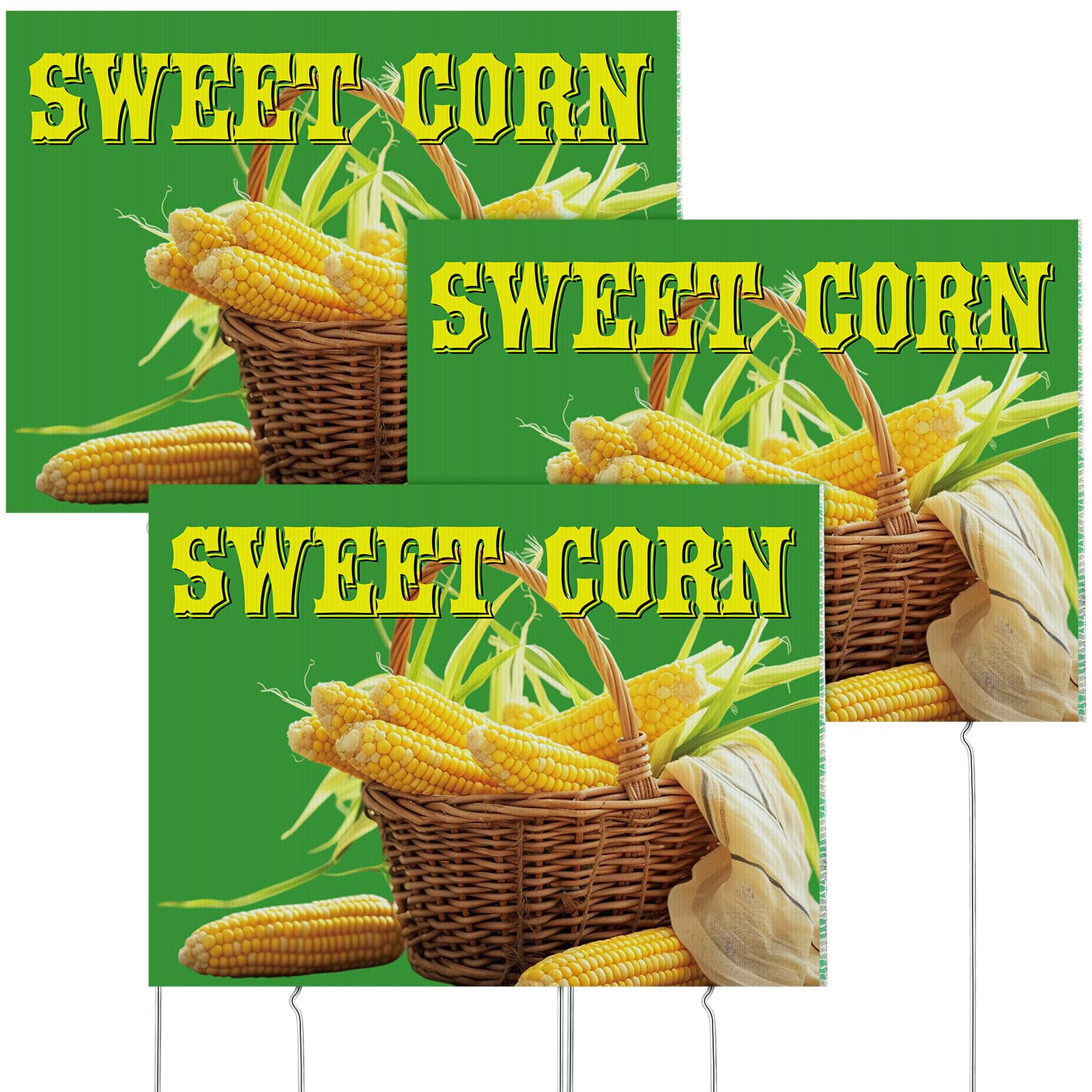 Tioncy 3 Pack Sweet Corn Yard Sign 12 x 16 Inch Double-sided Sweet Corn Sign with Stakes Weatherproof Corrugated Plastic Sign for Garden Outdoor Corn Sale Business