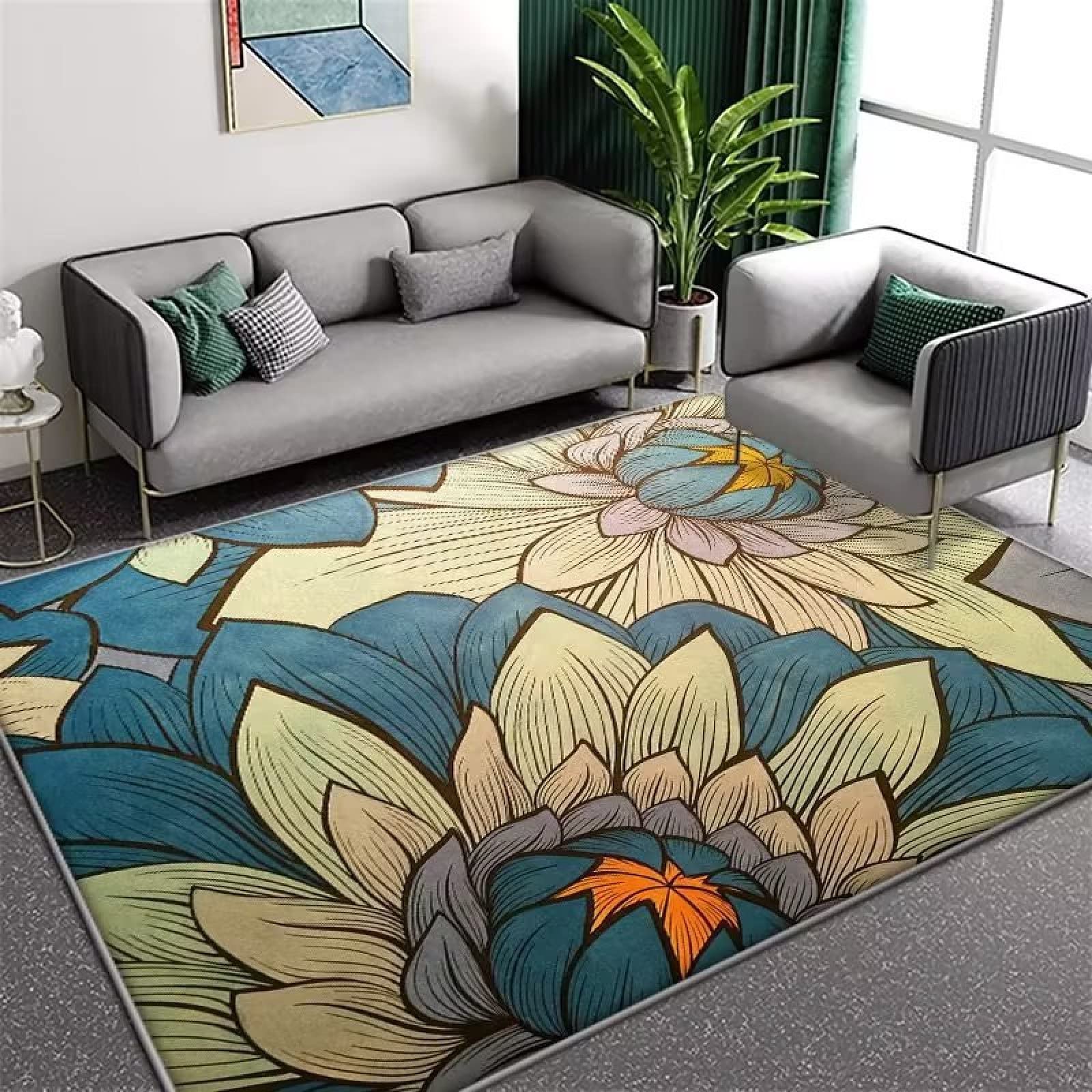 Tapis d'entrée fleur orange bleu lavable 100x150cm pour salon