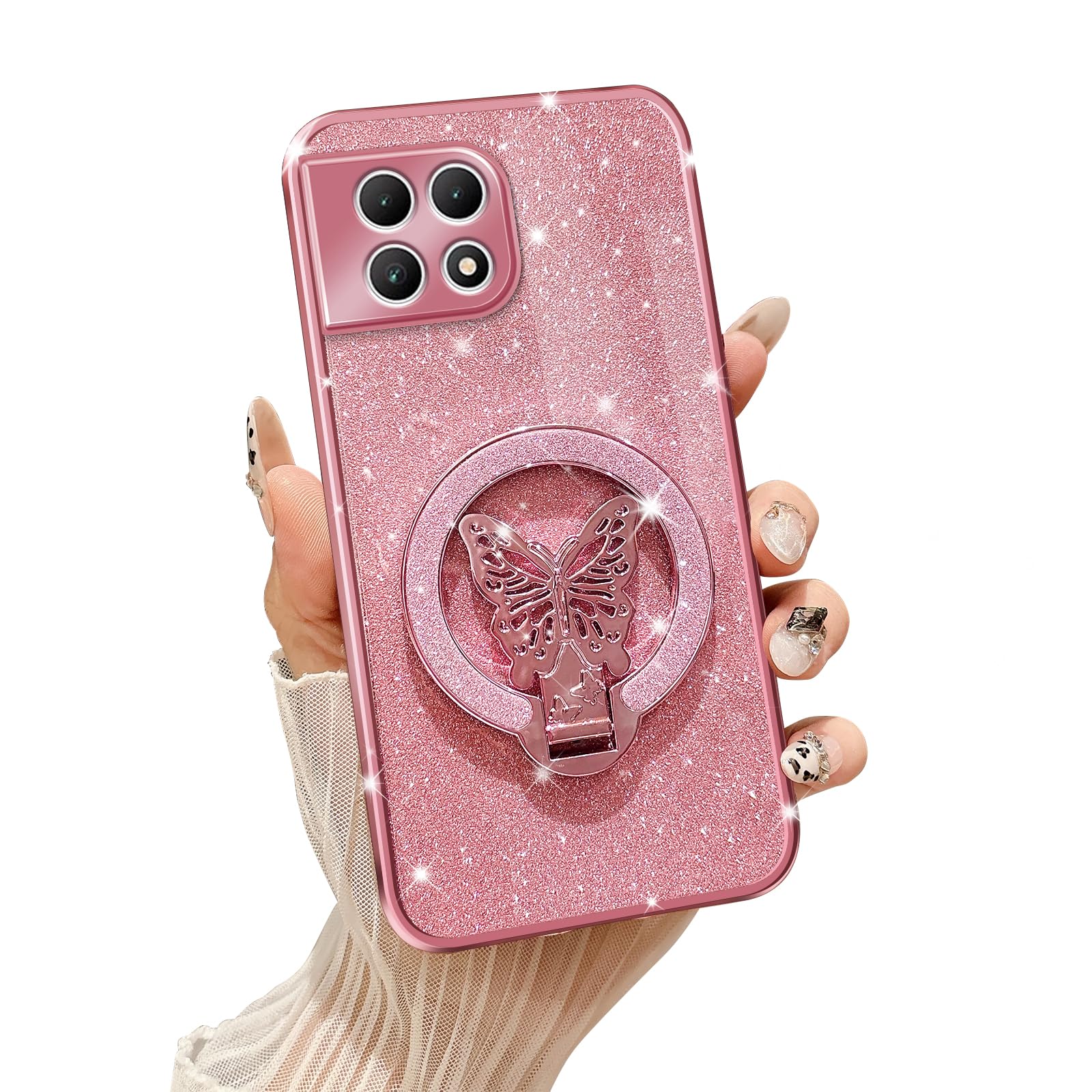 Tesazxcn Phone Case for T-Mobile Revvl 7 5G [Compatible with Magsafe] with Butterfly Kickstand & Lanyard Soft TPU Bling Clear Shockproof Protection