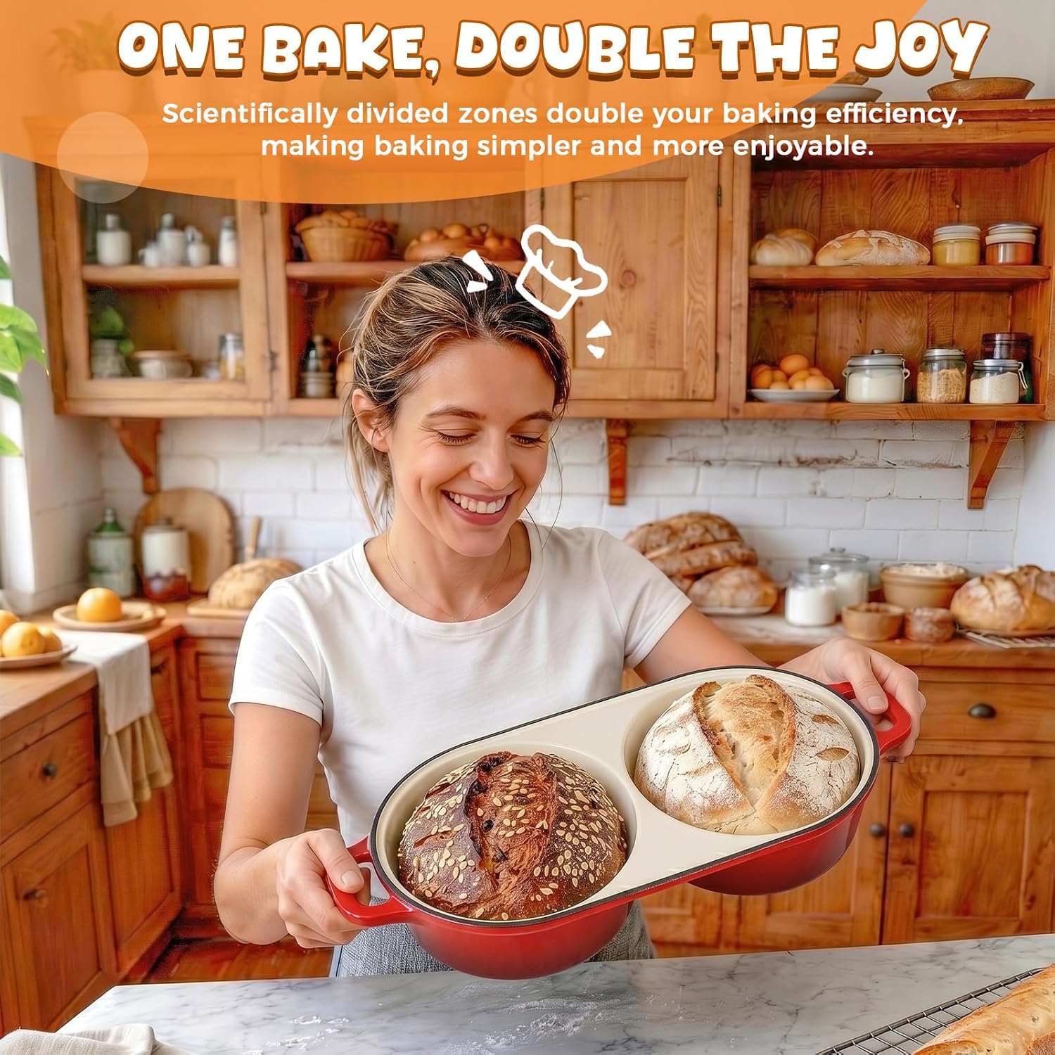 Double Dutch Oven for Sourdough Bread Baking, 2.2QT Enamelled Cast Iron Bread Pan with Lid, Double Round Loaf Space, 16.5cm Diameter, Mini Double Dutch Oven for Homemade Baking (Red)