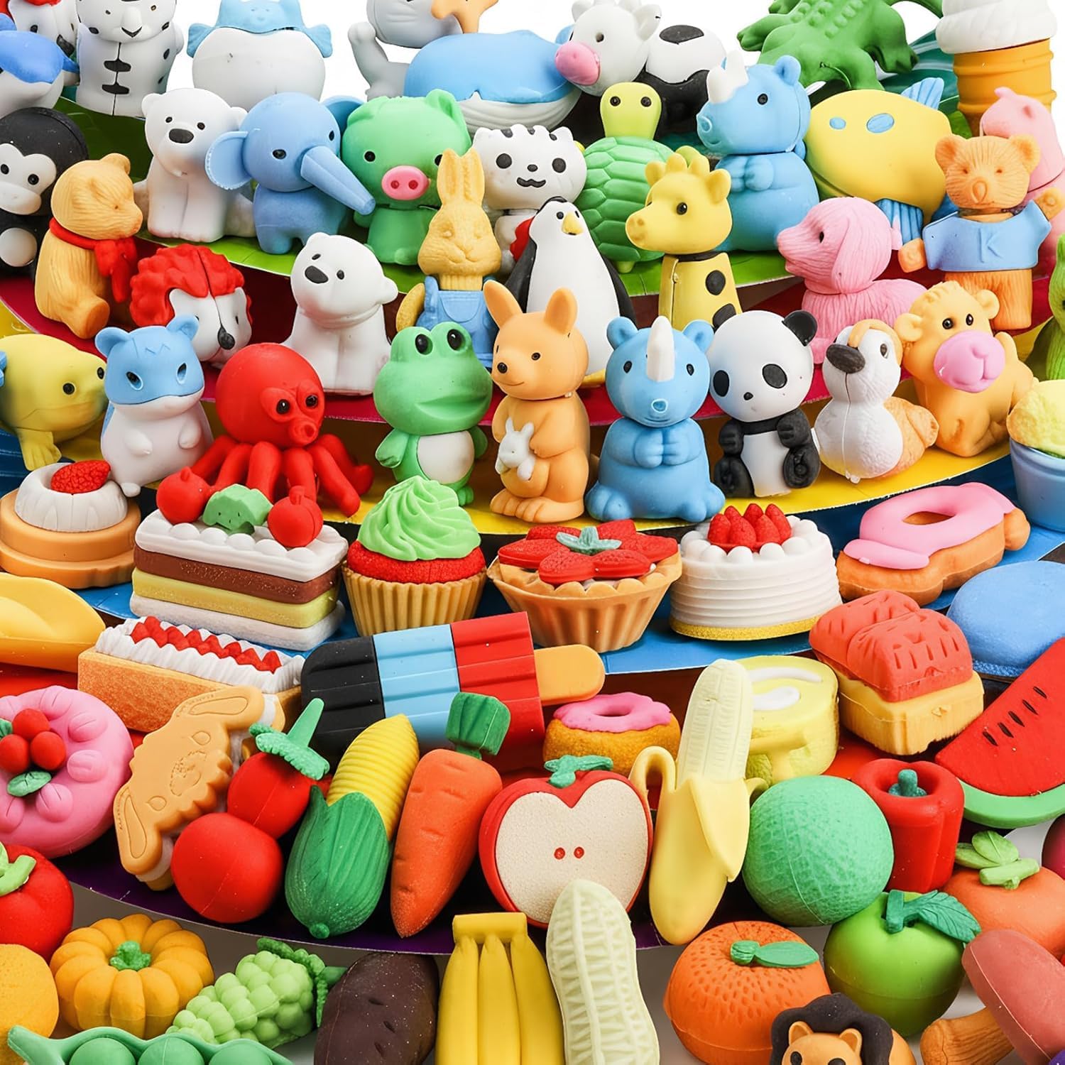 WUWEOT 125 Pack Animal Erasers, Desk Pets Pencil Eraser, 3D Puzzle Food Fruit Pencil Erasers Bulk, Take Apart Eraser Party Favors Classroom School Rewards Prizes