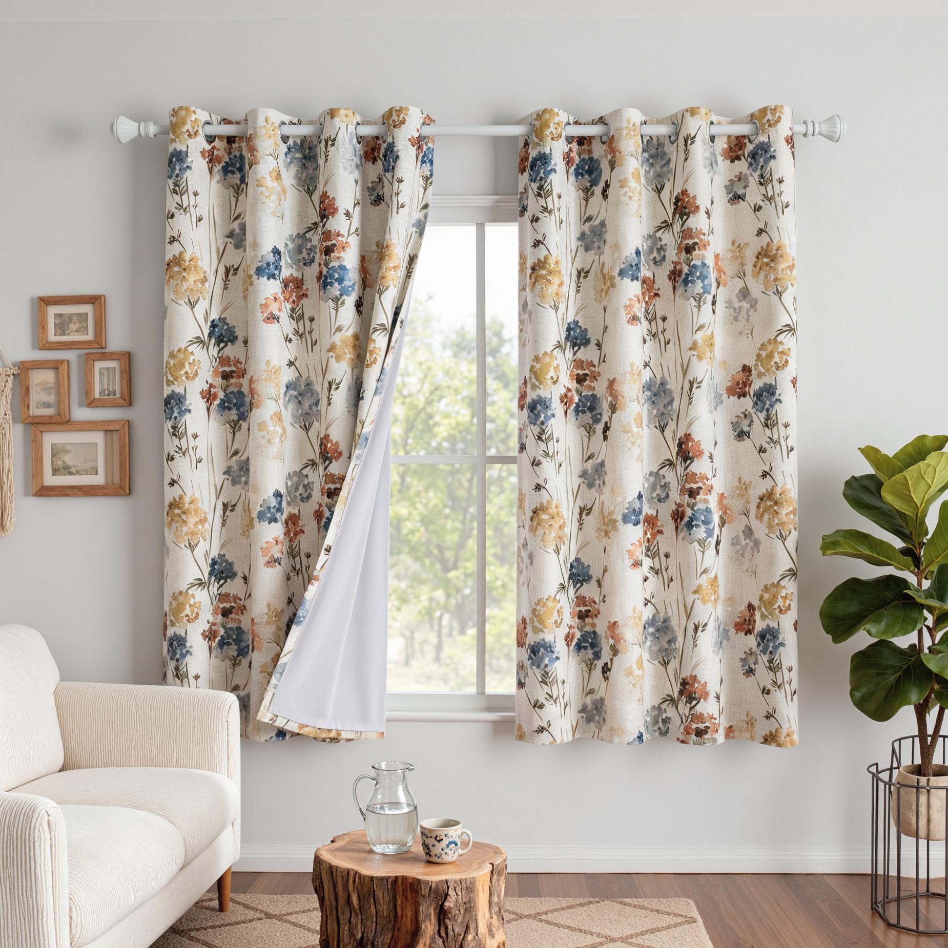 MYSKY HOME Floral 100% Blackout Linen Curtains 72 Inches Long 2 Panels Set for Bedroom Living Room Farmhouse Flower Pattern Double Layer Thermal Insulated Grommet Drapes, Yellow, 52" Wide Each Panel
