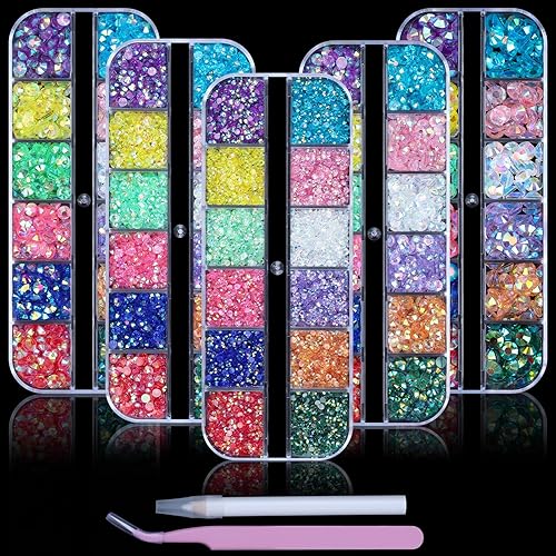 Miniatura 8 de Kikonoke Juego de 5 cajas de diamantes de imitación para arte de uñas, medias perlas, parte trasera plana 3D, gemas de cristal, diseño de diamantes