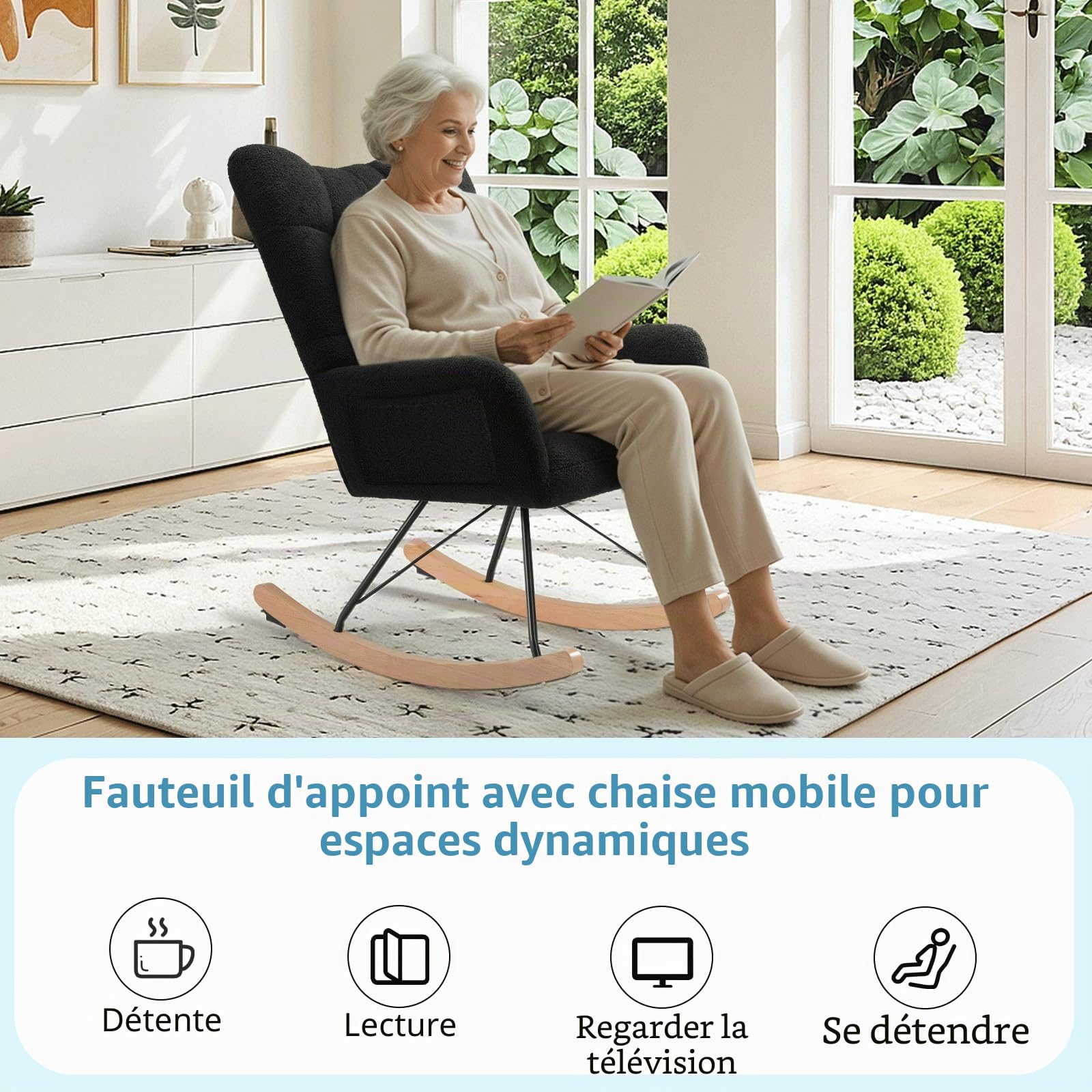 Clevich Fauteuil à Bascule Allaitement Scandinave, Rocking Chair Confortable avec Velours Teddy, Pieds en Bois et Métal, pour Salon, Chambre d'enfants, Chambre, Jusqu'à 136kg, Noir