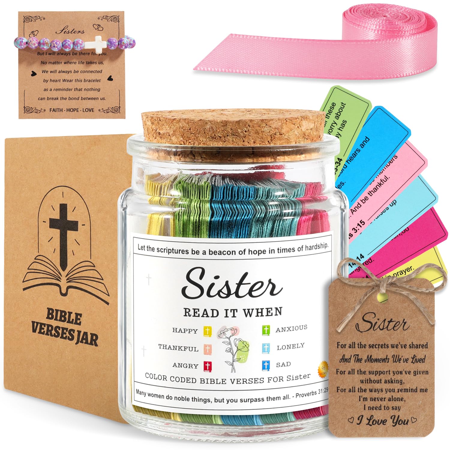 Bible Verse Jar - Birthday Gifts For Sister From Sister - 96 Inspirational Scriptures for Daily Encouragement, Prayer & Reflection - Best Friend
