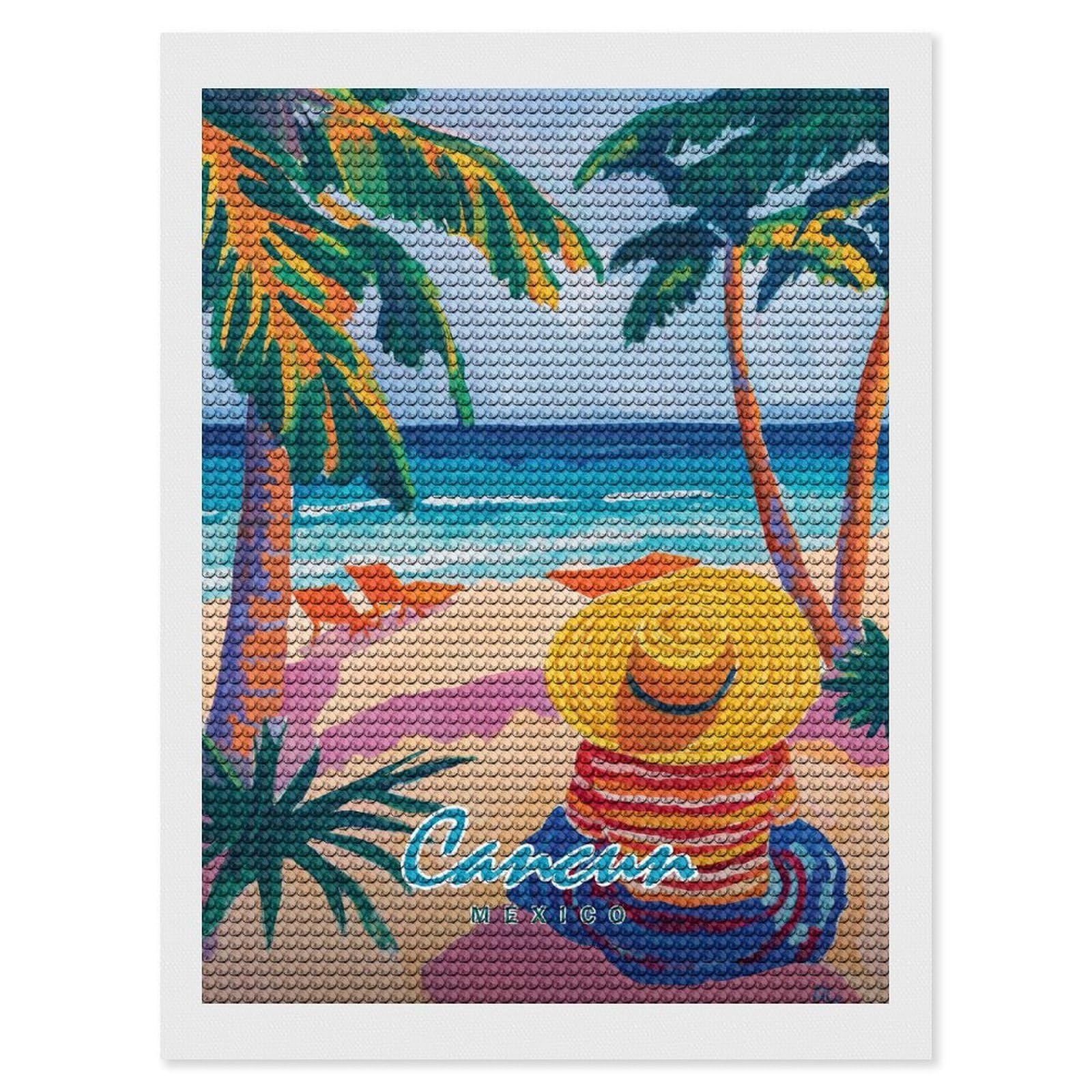 Junmoney Cancun Beach Painting DIY Diamond Art Canvas Kit 12"x16", for Teens, Finish and Display, Holiday Gift Idea, Vintage Style Decor