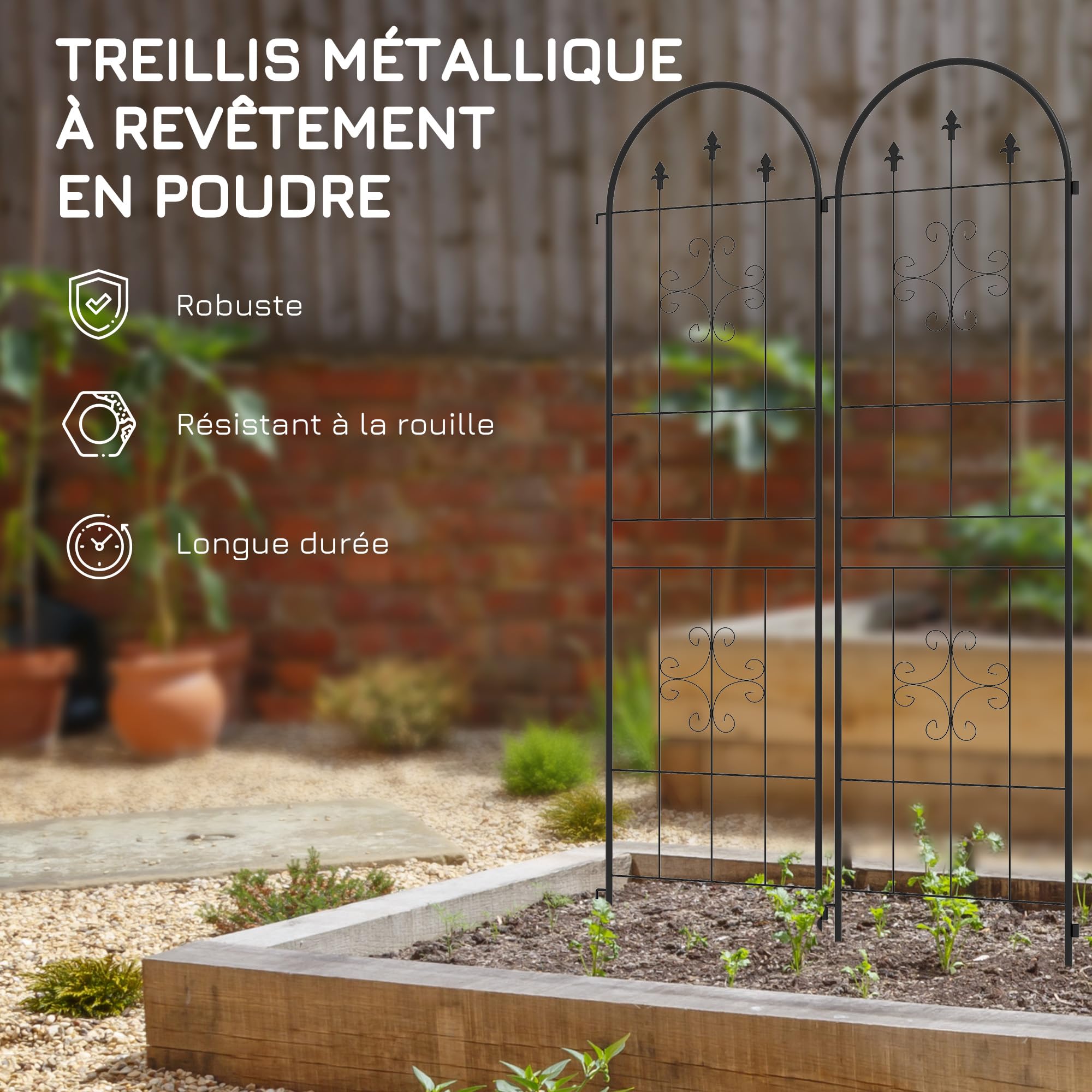 Outsunny Lot de 2 Treillis de Jardin Support en Acier 50L x 180H cm Noir