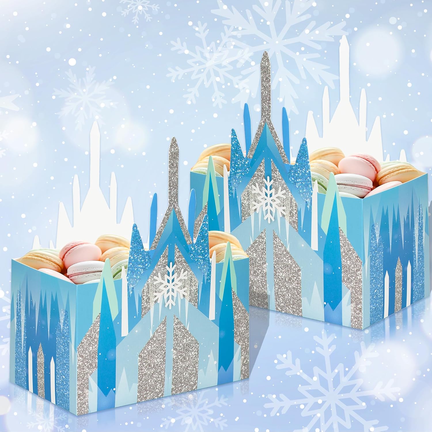 Snowflake Party Favor Castle Boxes 16Pcs Princess Popcorn Snacks Treat Box for Winter Snow Birthday Party Decorations