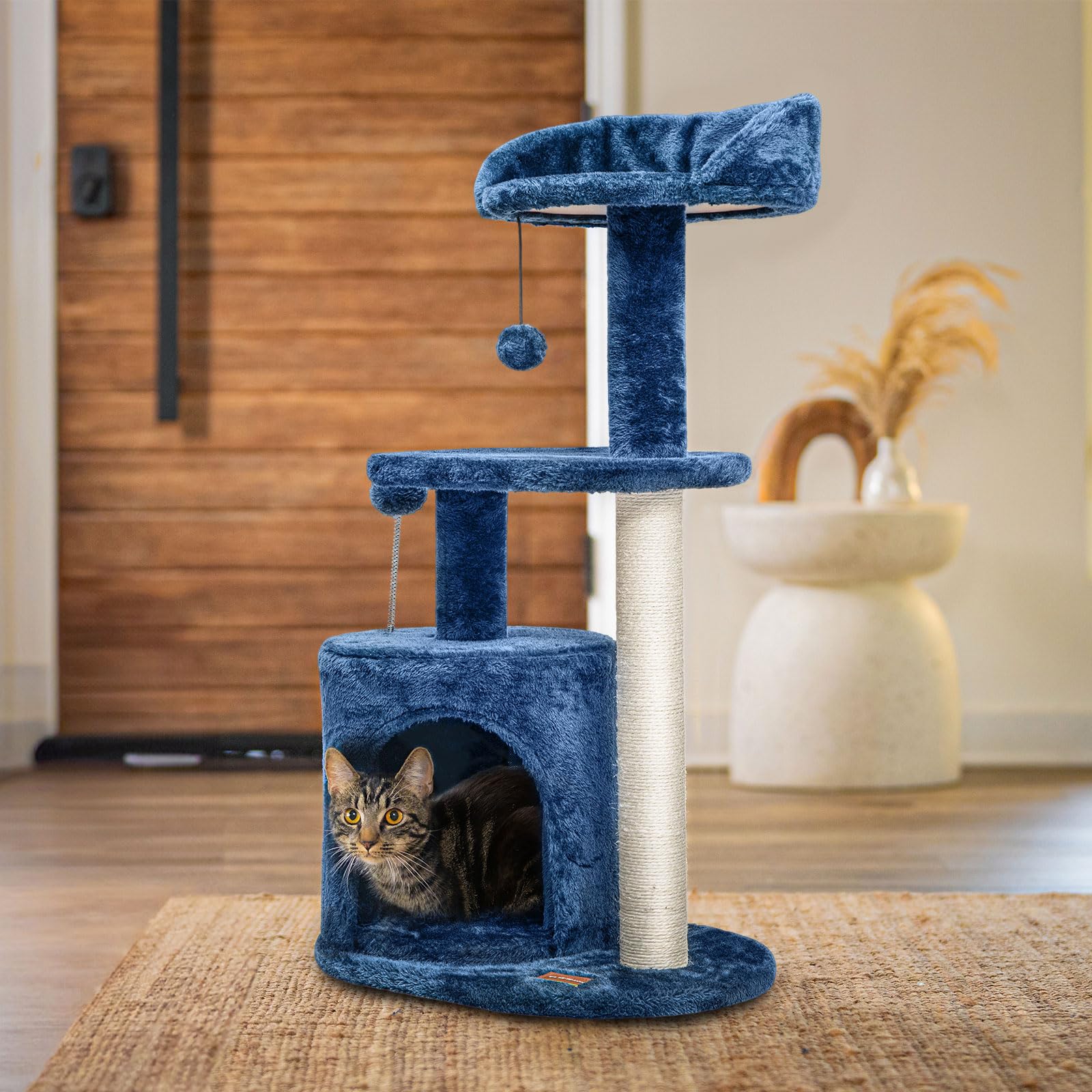 ClevaHome Arbre à Chat Bleu Denim pour Petits Chats – Arbre à Griffer Multi-Niveaux 85 cm avec Perchoirs Douillets, Jouet Pompon et Poteaux Sisal pour Chatons d’Intérieur