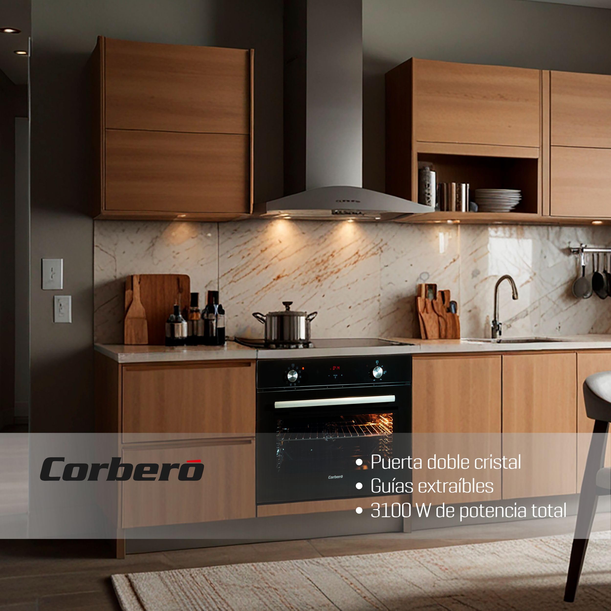 Corberó - Horno Multifunción Compacto 50L| CCHCV451021DTG | 46x60x58 | Hidrólisis | Display Táctil | Guías Extraíbles | 10 Programas | 3100W Potencia | Puerta Doble Cristal | Cristal Negro