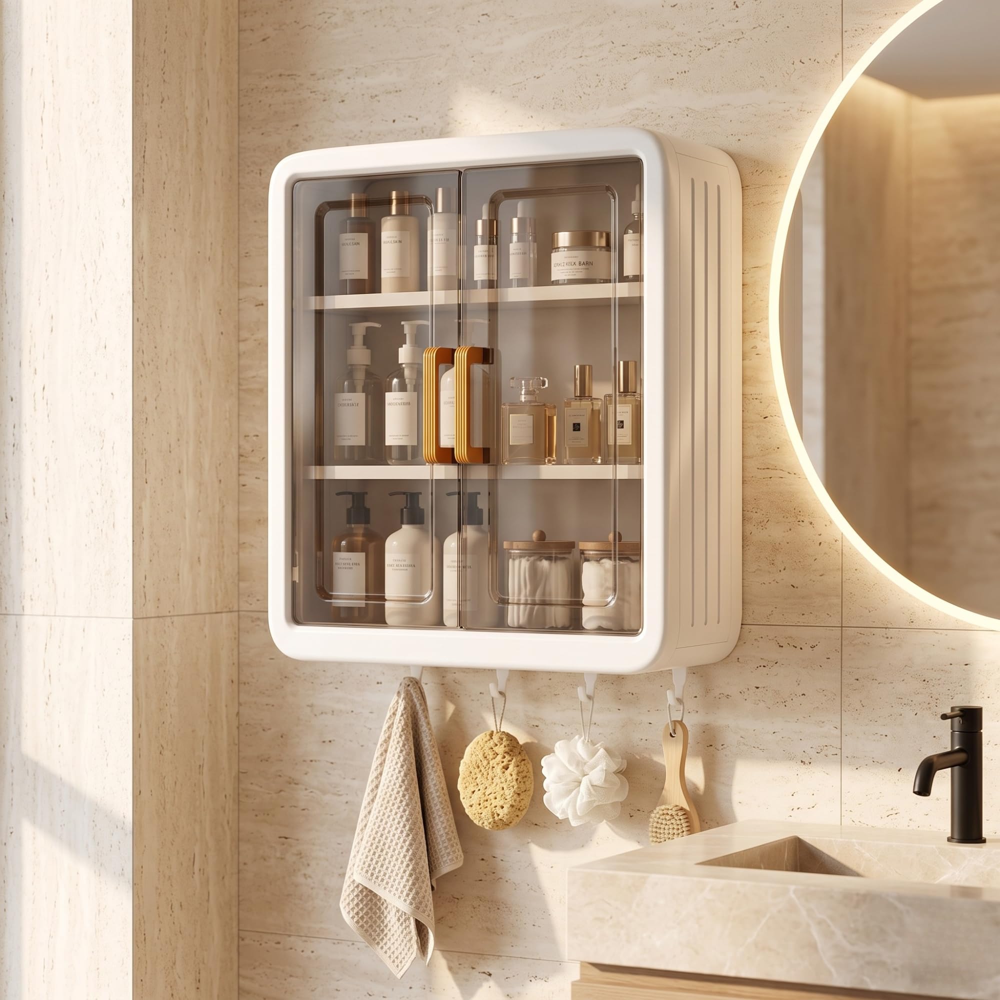 Wall Mounted Storage Cabinet for Bathroom Essentials, Plastic Organizer with Transparent Door and Bottom Hooks, Store Skincare, Toiletries, and Cosmetics, (White, 32 x 40.5 x 13cm)-picture-32