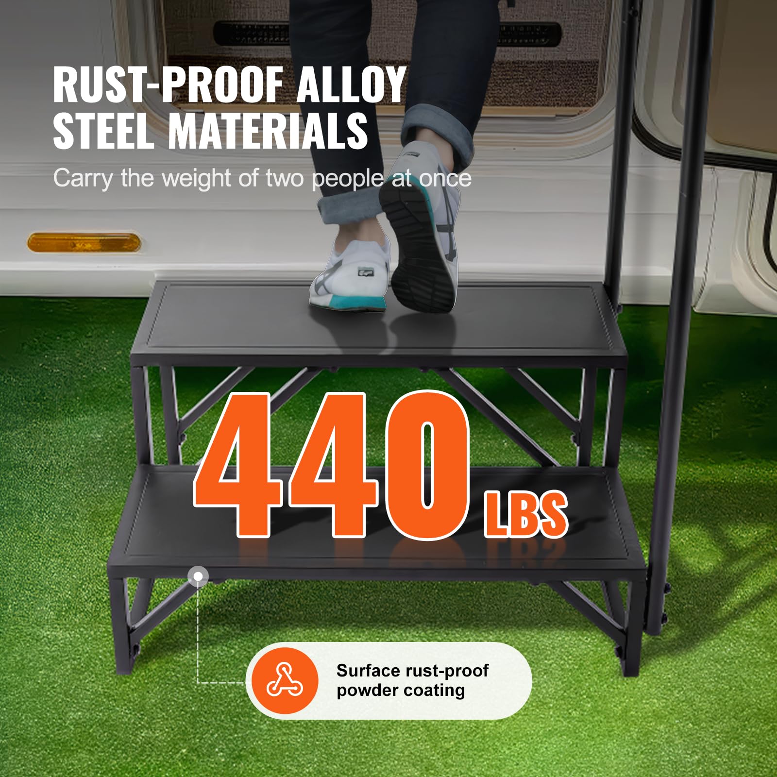 VEVOR Gradini per Camper, Scale per Camper a 2 Gradini, Capacità di Carico di 440 LBS, Acciaio al Carbonio Addensato, con Corrimano, Gradini Antiscivolo per Ingresso e Uscita Sicuri, Adatto per Camper