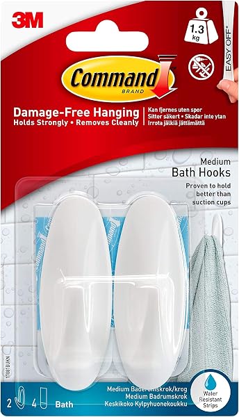 Command Bath Designer Hooks, White, Water Resistant - 2 Medium Hooks and 4 Adhesive Strips - Hang Towels, Robes and Other Bathroom Accessories - Ideal to Avoid Drilling Through Tiles - 1