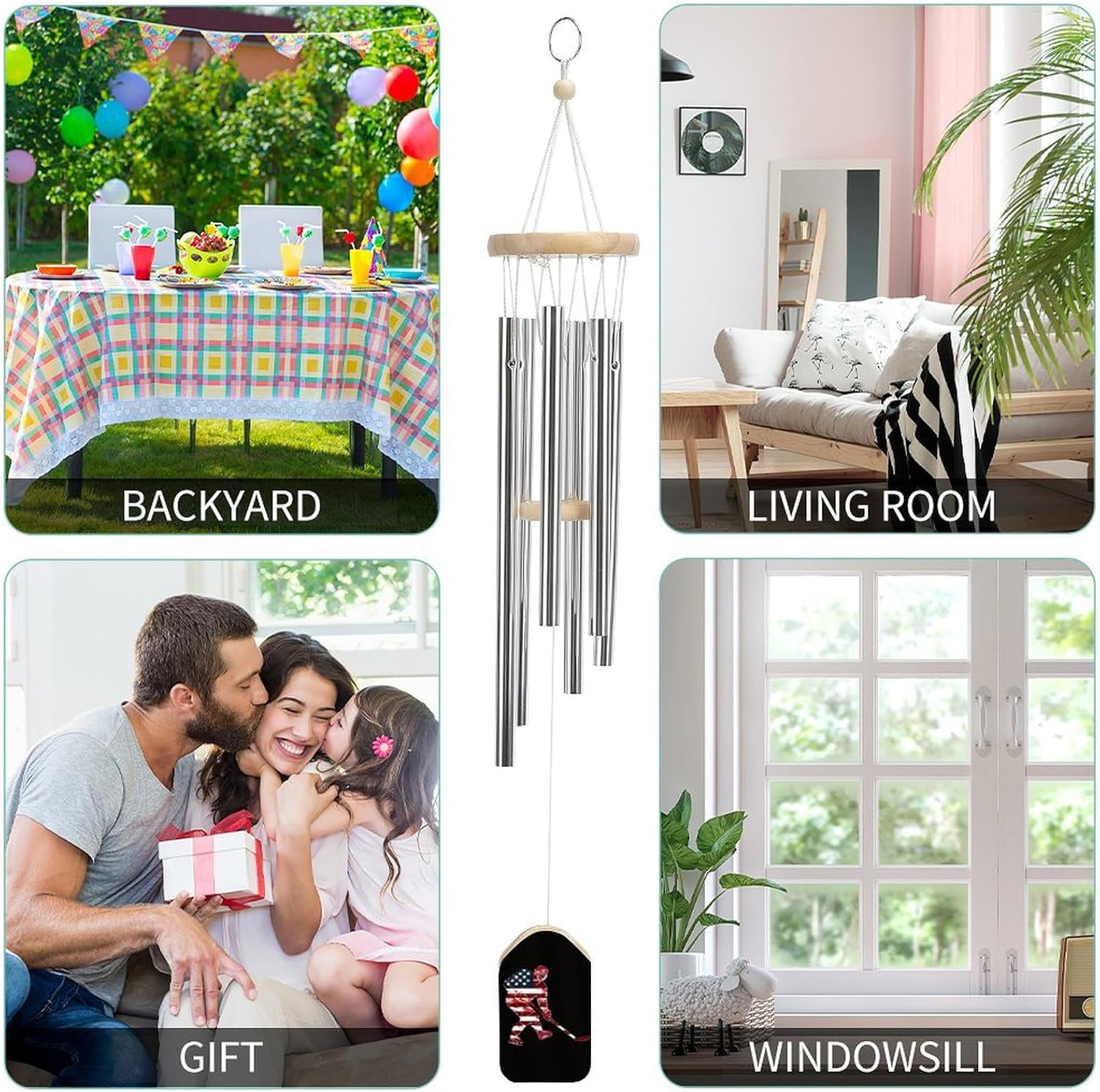 Hockey Player with U.S. Flag Wooden Wind Chimes Deep Tone Memorial Windchime for Outside Garden Home Decoration