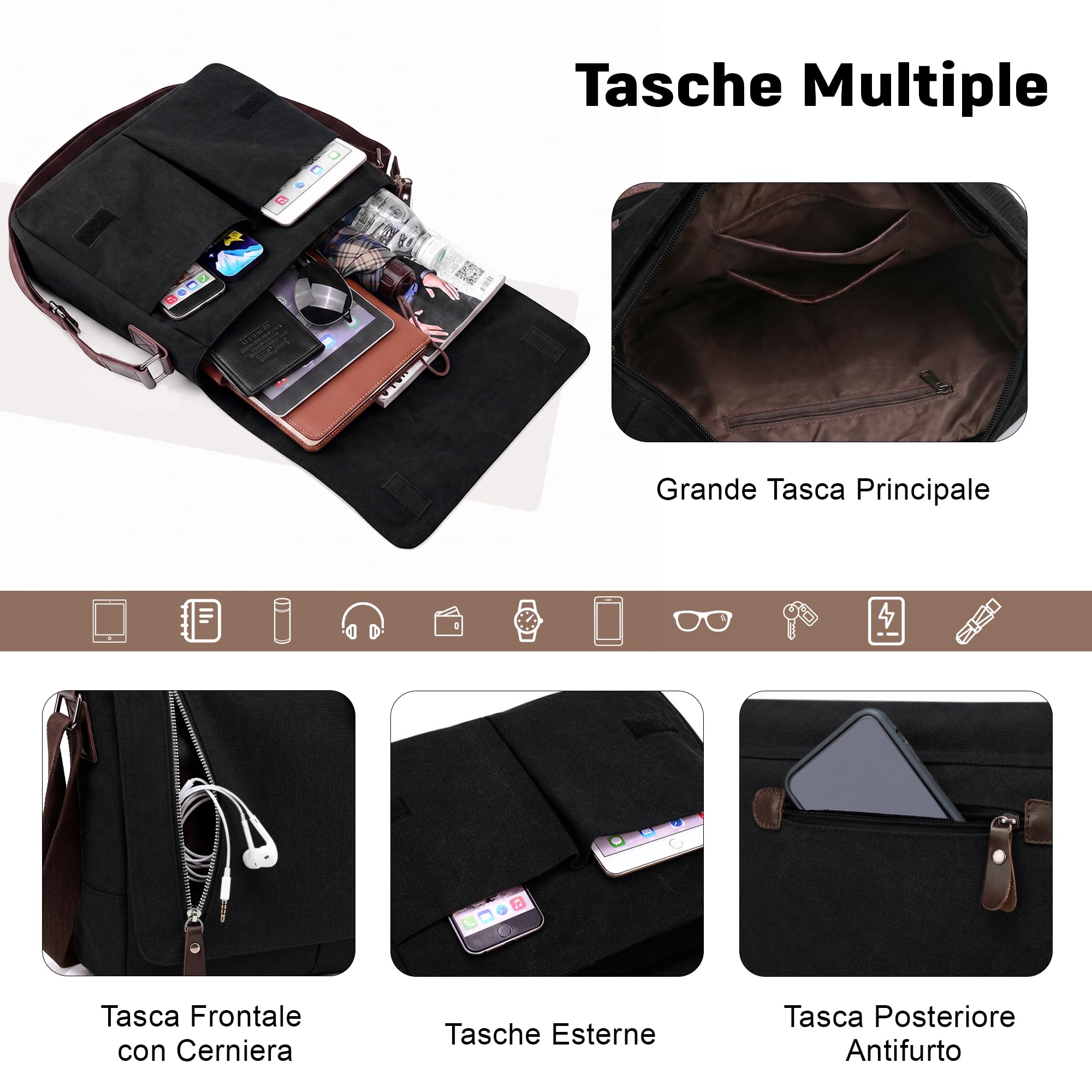 VARLIVOO Uomo Borse a Spalla Borsa a Tracolla da Uomo Messenger Borse14" Laptop Borse Scuola Università Viaggio Lavoro Campeggio Tela Nero