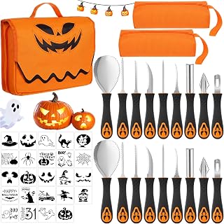 Lothee 69 Pcs Halloween Pumpkin Carving Kit Tools Set for Adults, Bulk | 2 Complete Sets with 18 Stainless Steel Carving Tools, 48 Stencils, Storage Bags for Family, Jack O Lantern DIY Party Supplie