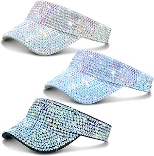 Vicenpal 3 Pack Rhinestone Sun Visor Hat for Women, Sparkly Glitter Adjustable Visor Caps, Summer Golf Tennis Sport(Black, White, Beige)