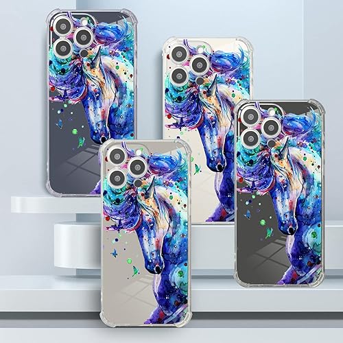 Vista 308 de Roemary Funda púrpura para iPhone 14 Pro Max con diseño de caballo azul, patrón de acuarela con protector de pantalla