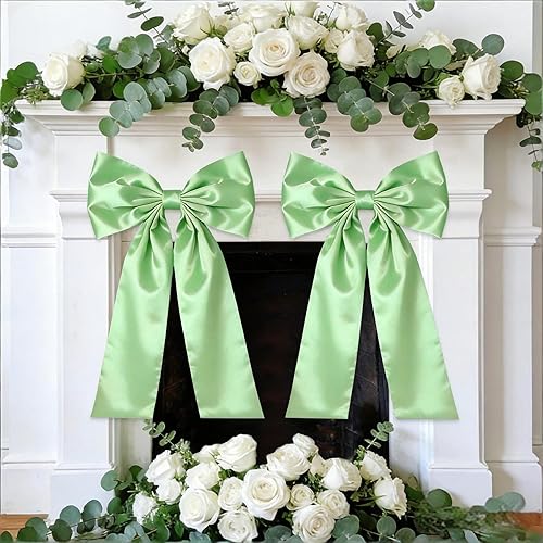 Cheerupp 2 Pcs Sage Green Bow Decor, 11 x 16 Inches Satin Ribbon Tie Bow, Olive 