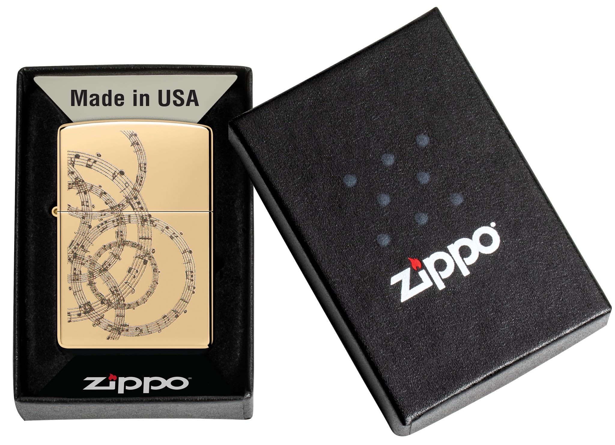 Zippo Sturmfeuerzeug - Musical Notes Design - Gold - High Polish Brass - Colour Image - Nachfüllbar - Wiederverwendbar - Windfest - Geschenkbox - Made in USA