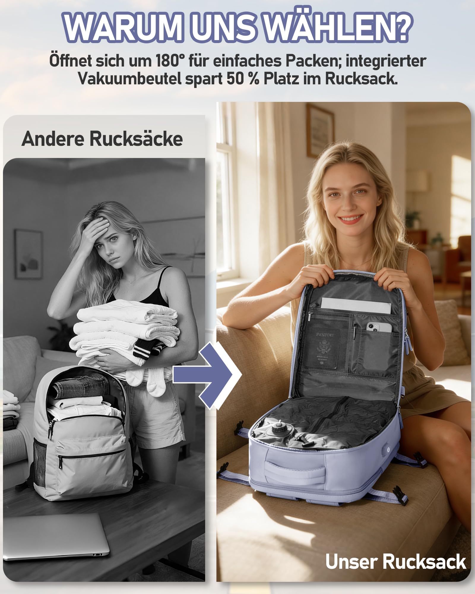 suradar Vakuum Rucksack 40x30x20 mit Integrierter Pumpeinheit, Reiserucksack Ryanair Handgepäck 40x30x20 Wizzair Vakuumrucksack mit Vakuumsystem Handgepäck Flugzeug Vacuum Backpack Lila Taro