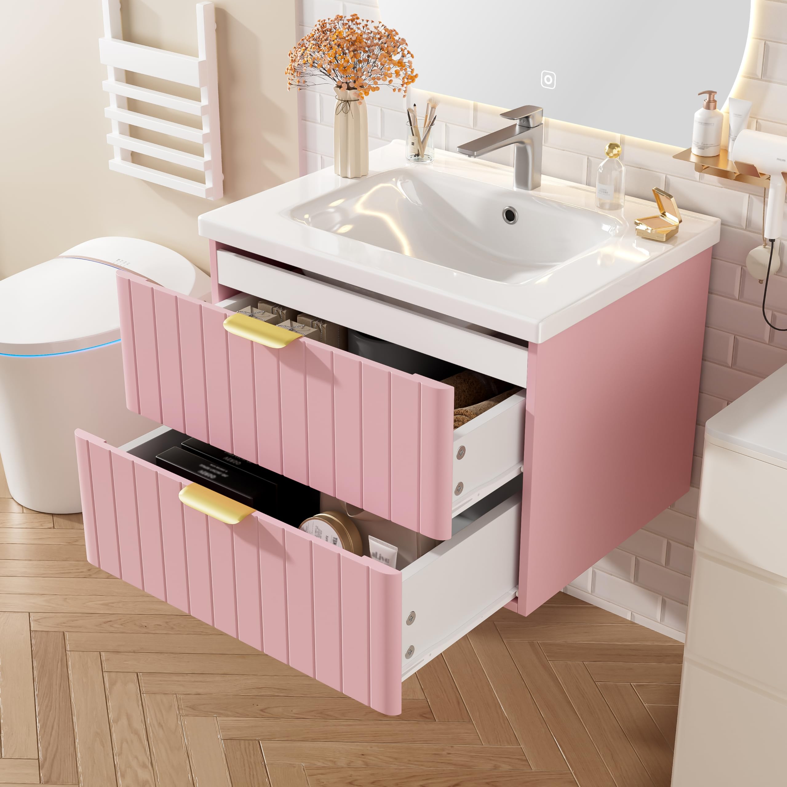 Armario colgante para lavabo individual, color rosa, 50 x 60 cm, con lavabo, doble almacenamiento, MDF resistente a la humedad, ahorra espacio