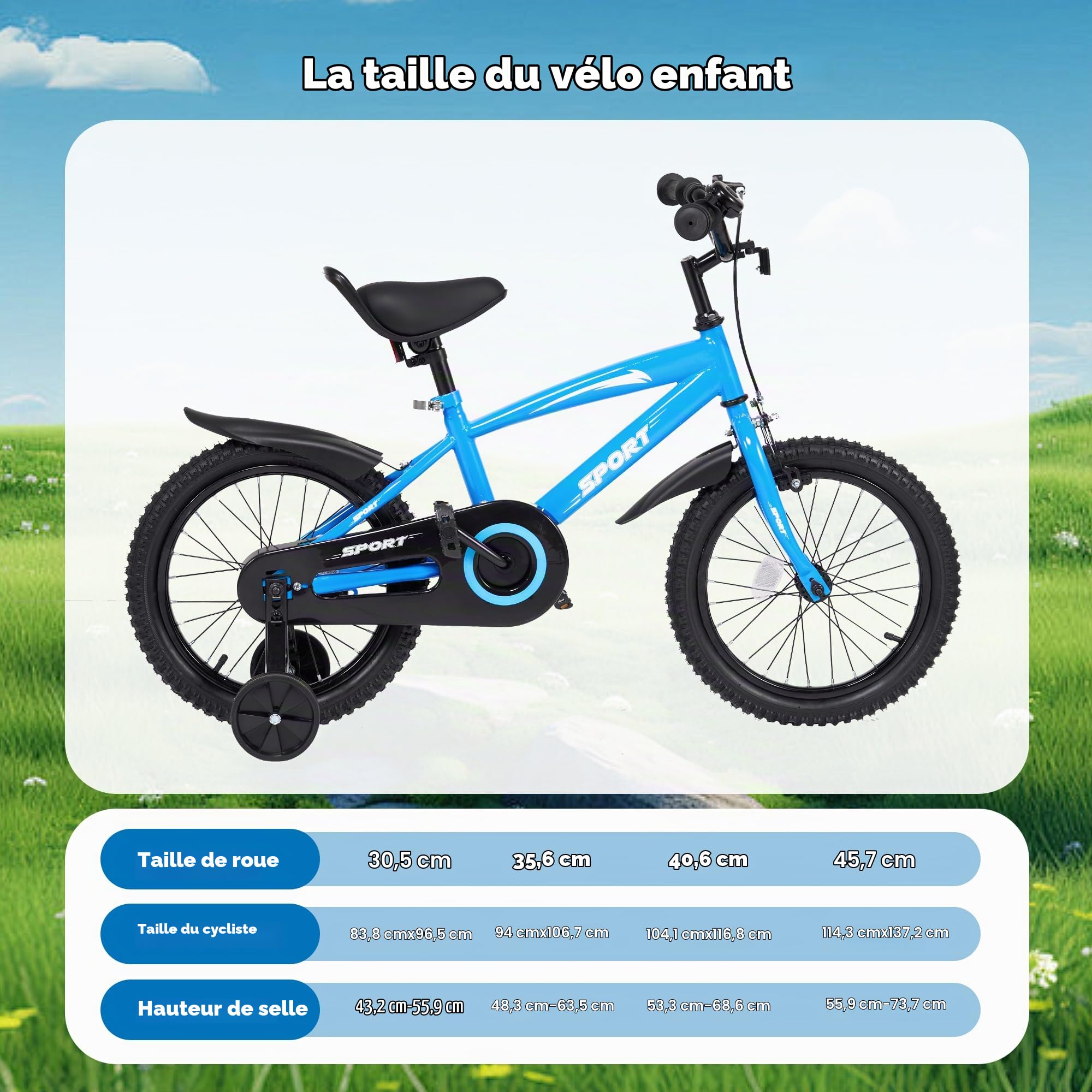 BODIOO Vélo pour enfant de 16" avec siège réglable, roues stabilisatrices, frein à main, frein à rétropédalage et cadre solide pour cyclistes de 104 à 117 cm (bleu)