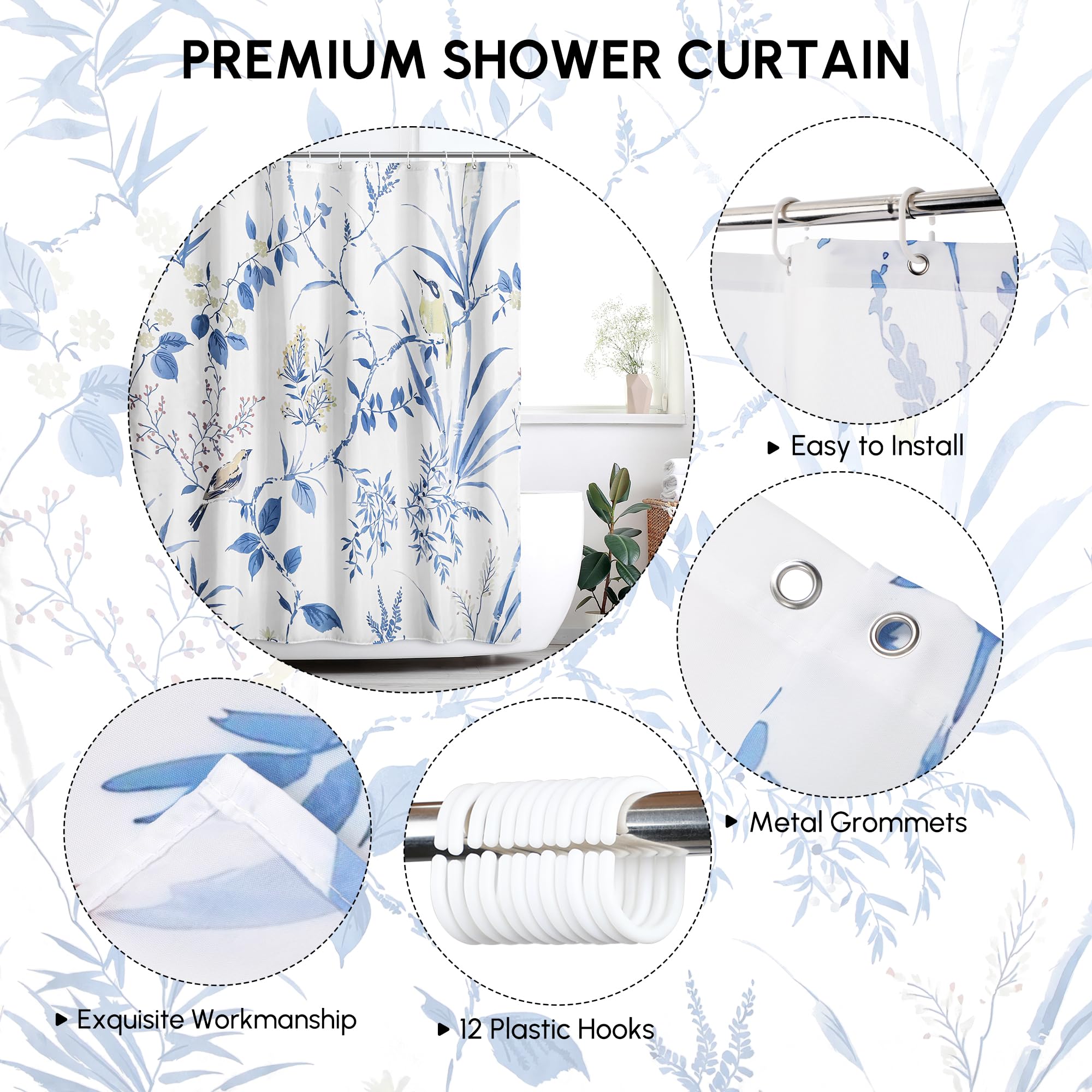 WELTRXE Shower Curtain Mould Proof Mildew Resistant, 183X183cm, Waterproof Polyester Fabric Shower Curtain with 12 Hooks - Image 2