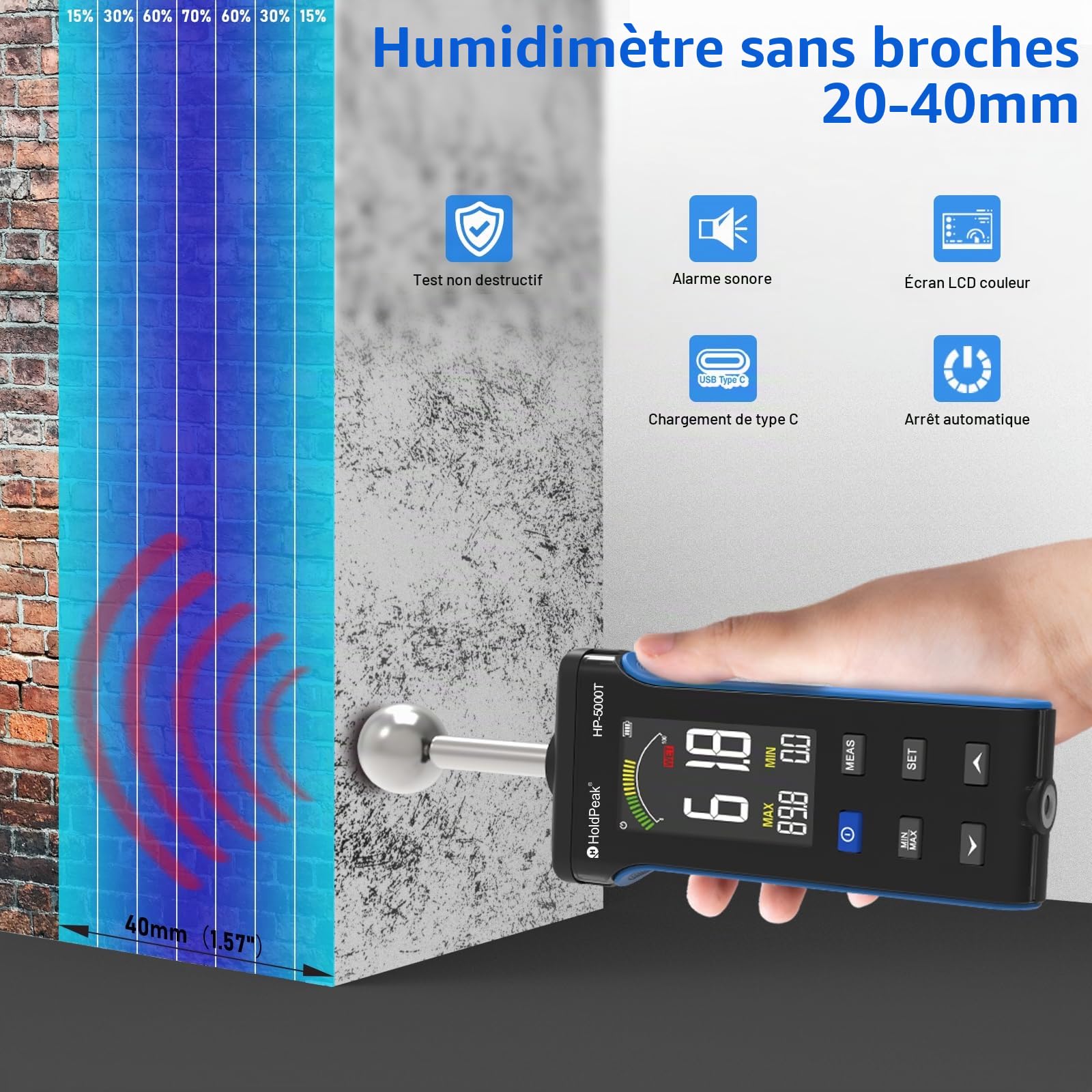 Testeur Humidité, H HOLDPEAK Humidimetre avec Ecran LCD Couleur et Fonction d'alarme, Pour Murs, Bois, Maçonnerie, Béton, Gypse, Matériaux de Construction, 20-40 mm de Profondeur D'analyse
