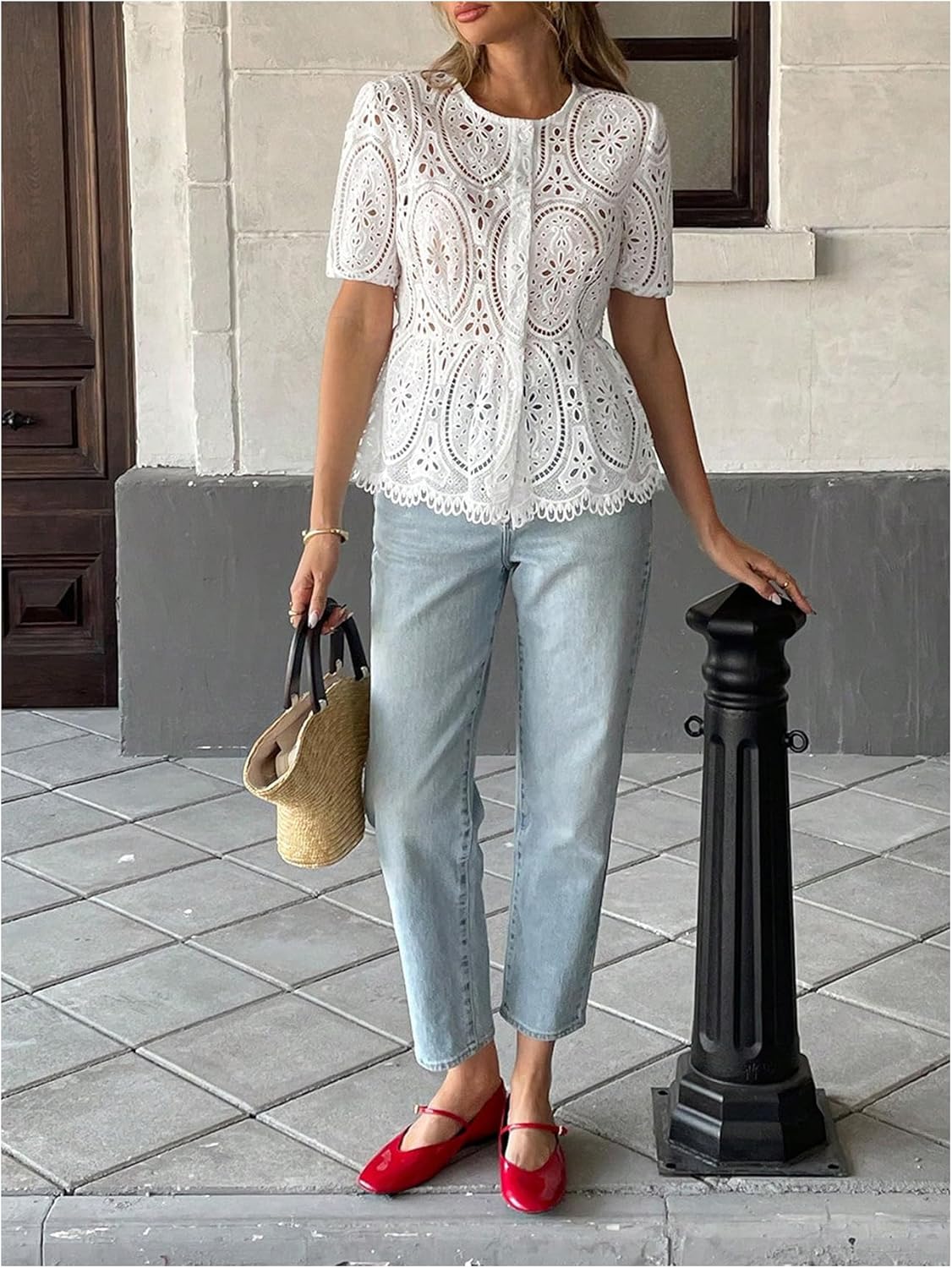 GORGLITTER Women's Eyelet Babydoll Shirts Button Up Short Sleeve Lace Boho Dressy Peplum Blouses Top - Image 5