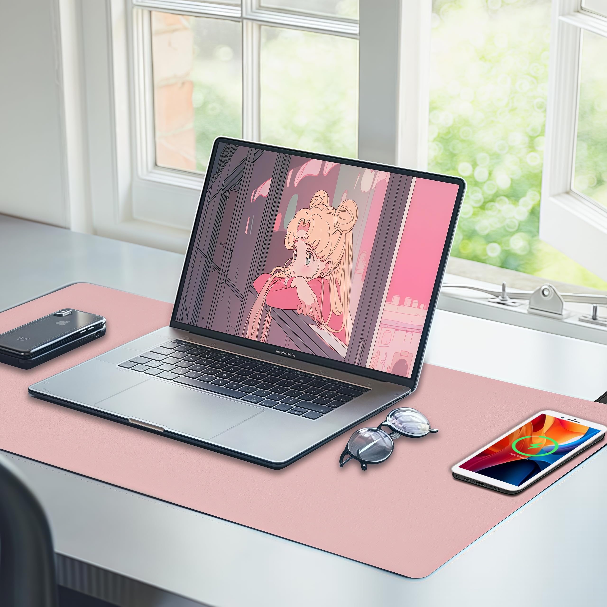 Schreibtischunterlage mit kabellosem Laden, rosa Mauspad mit kabellosem Ladegerät, Schreibtischunterlage für Desktop, Mauspad, großes Mauspad, Leder-Computer-Mauspad für Tastatur und Maus, 81,3 x 40,6