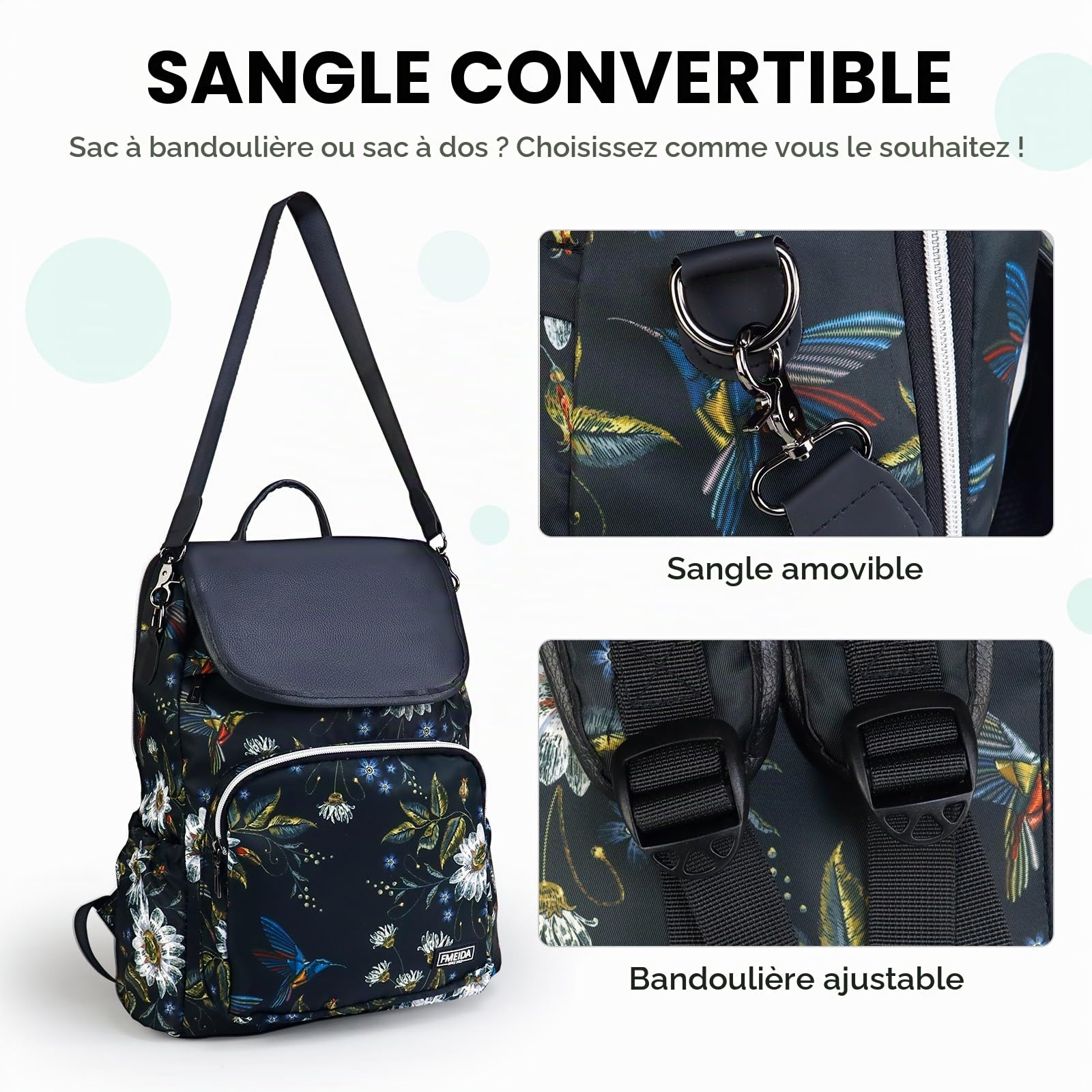 Fmeida Sac à Dos Femme Anti-vol Imperméable Sac de Voyage en Nylon 2 en 1 Sacs à Main Petit Sacs D'école Elegant Sacs à Bandoulière pour Fille École Collèges Shopping Travail